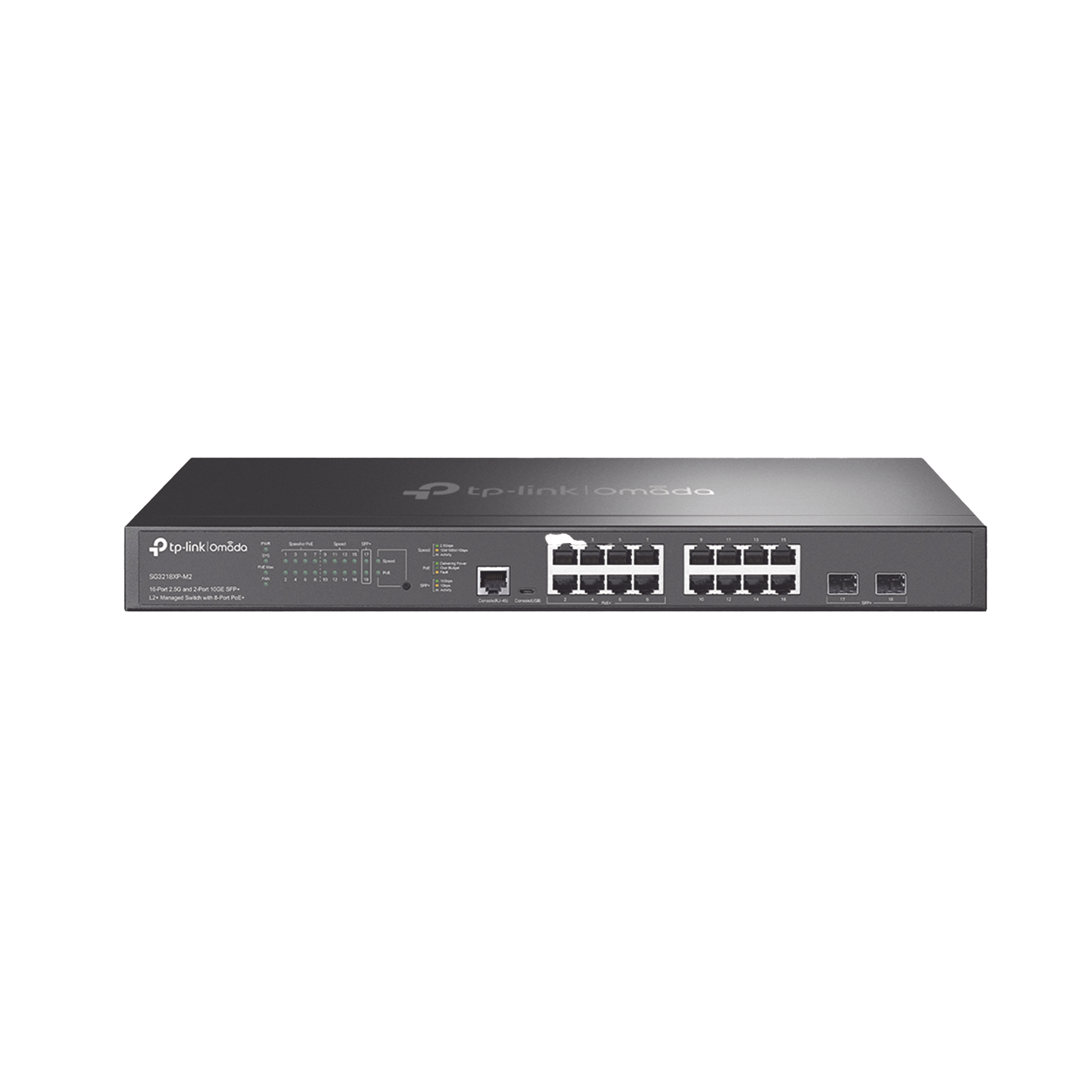 Switch L2+ Omada PoE+ / 16 Puertos MultiGigabit 2.5G / 8 Puertos 2.5G Sin PoE / 8 Puertos PoE+ 2.5G / 2 Puertos SFP+ 10G / AdministraciÃ³n Centralizada Omada o Stand-Alone / Multicast IGMP / Presupuesto PoE 240W / Montaje en Rack