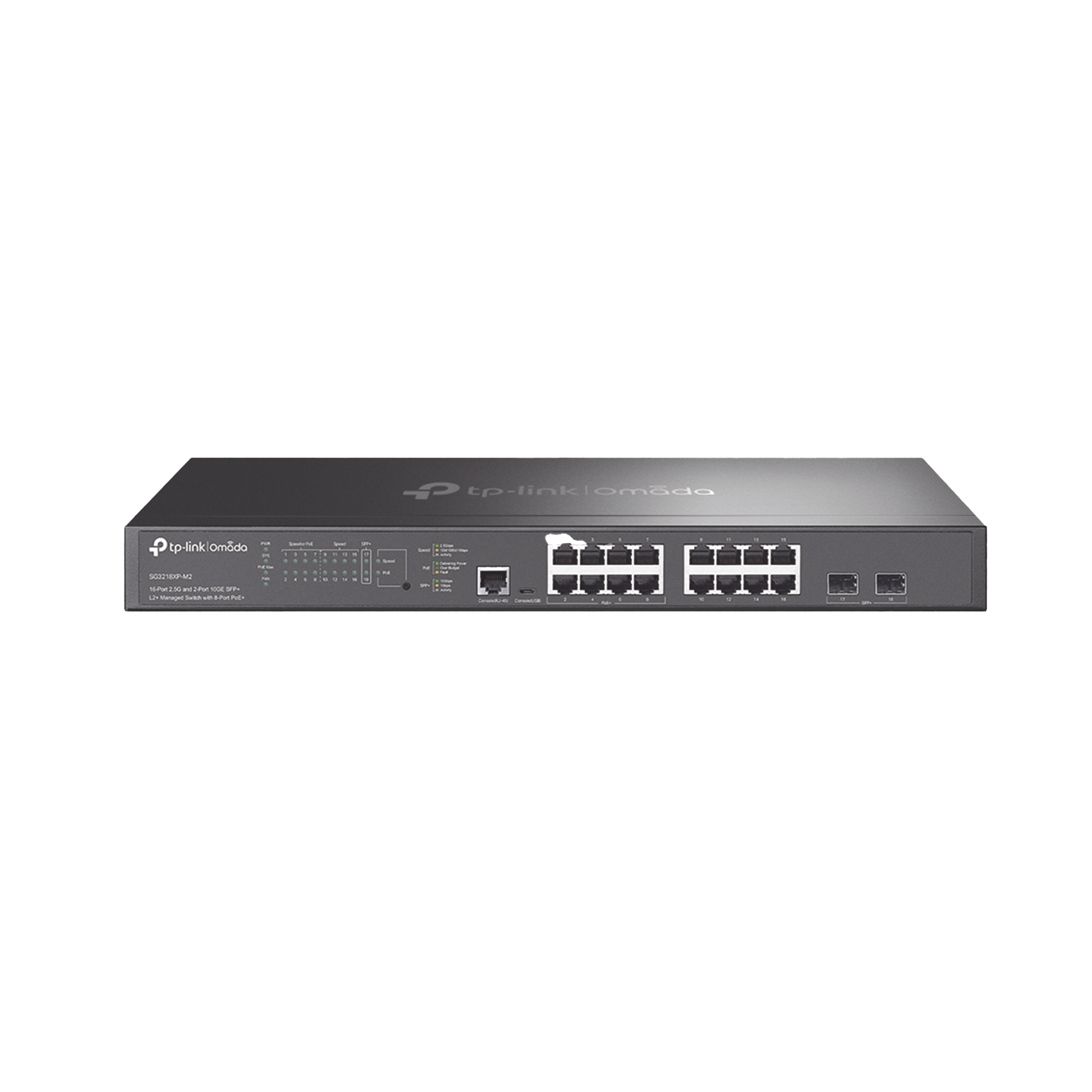 Switch L2+ Omada PoE+ / 16 Puertos MultiGigabit 2.5G / 8 Puertos 2.5G Sin PoE / 8 Puertos PoE+ 2.5G / 2 Puertos SFP+ 10G / AdministraciÃ³n Centralizada Omada o Stand-Alone / Multicast IGMP / Presupuesto PoE 240W / Montaje en Rack