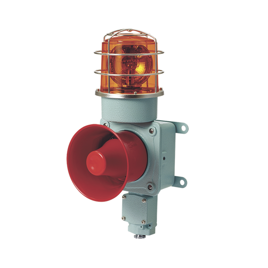CombinaciÃ³n de luz de advertencia giratoria color Ãmbar con bocina elÃ©ctrica para aplicaciones de la industria a 24 VCD, mÃ¡x. 120 dB (No Incluye guarda)