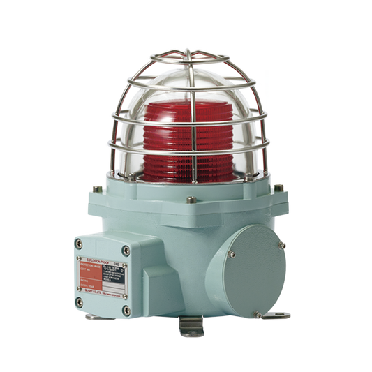 Baliza con luz LED color Rojo con patrÃ³n de destello fijo o flasheante, ideal para zonas y Ã¡reas peligrosas, opera en un rango de 120 VAC