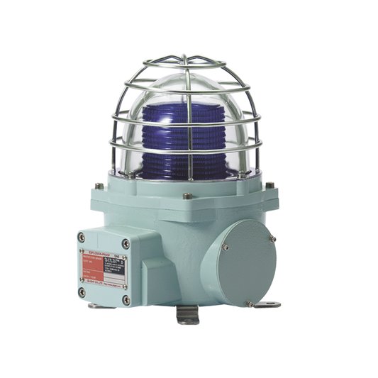 Baliza con luz LED color Azul con patrÃ³n de destello fijo o flasheante, ideal para zonas y Ã¡reas peligrosas, opera en un rango de 12-24 VCD