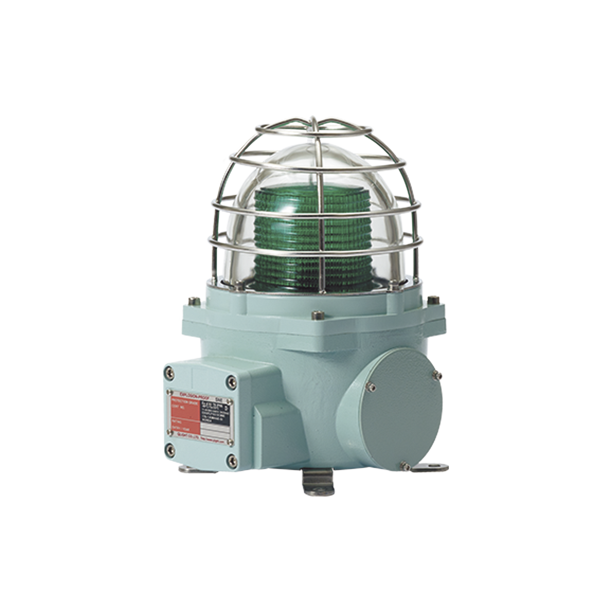 Baliza con luz LED color Verde con patrÃ³n de destello fijo o flasheante, ideal para zonas y Ã¡reas peligrosas, opera en un rango de 12-24 VCD