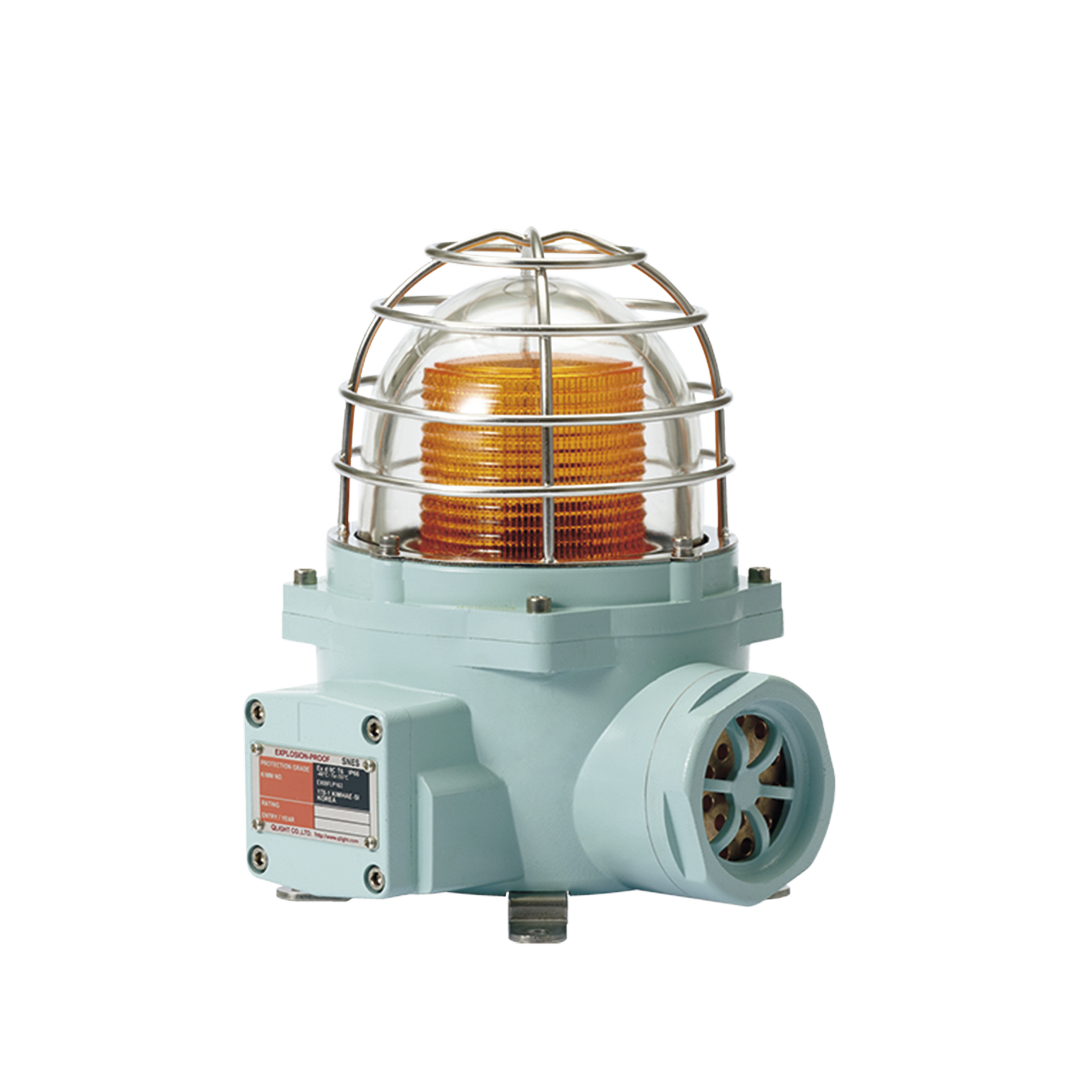 Luz LED color Ãmbar de advertencia con patrÃ³n de destello flasheante/fijo para zonas peligrosas con buzzer incluido a 105 dB. de 120 VCA