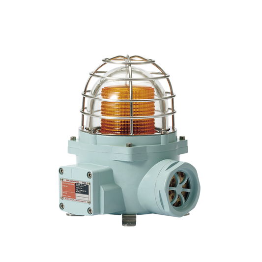 Luz LED color Ãmbar de advertencia con patrÃ³n de destello flasheante/fijo para zonas peligrosas con buzzer incluido a 105 dB. de 120 VCA