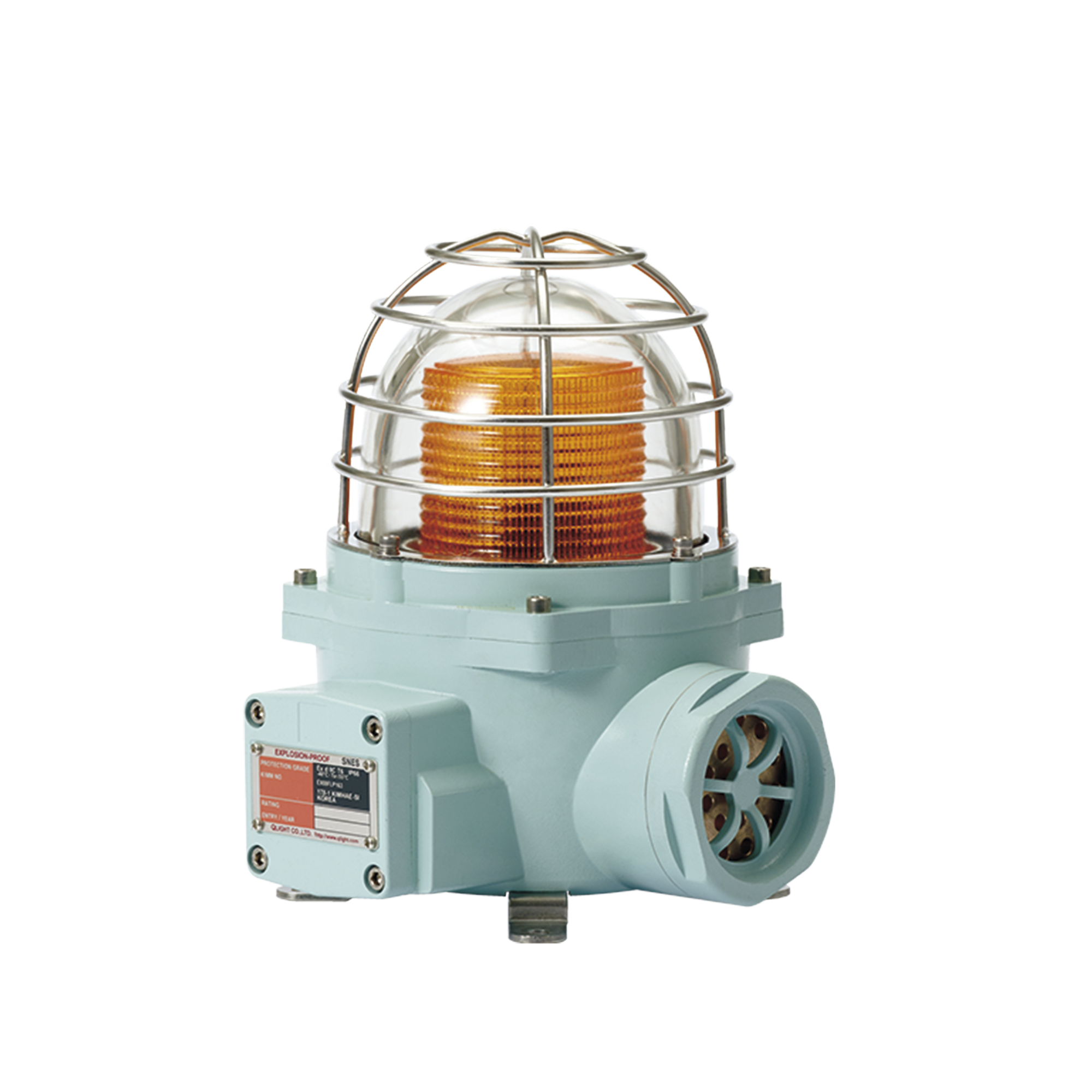 Luz LED color Ãmbar de advertencia con patrÃ³n de destello flasheante/fijo para zonas peligrosas con buzzer incluido a 105 dB. de 24 VCD