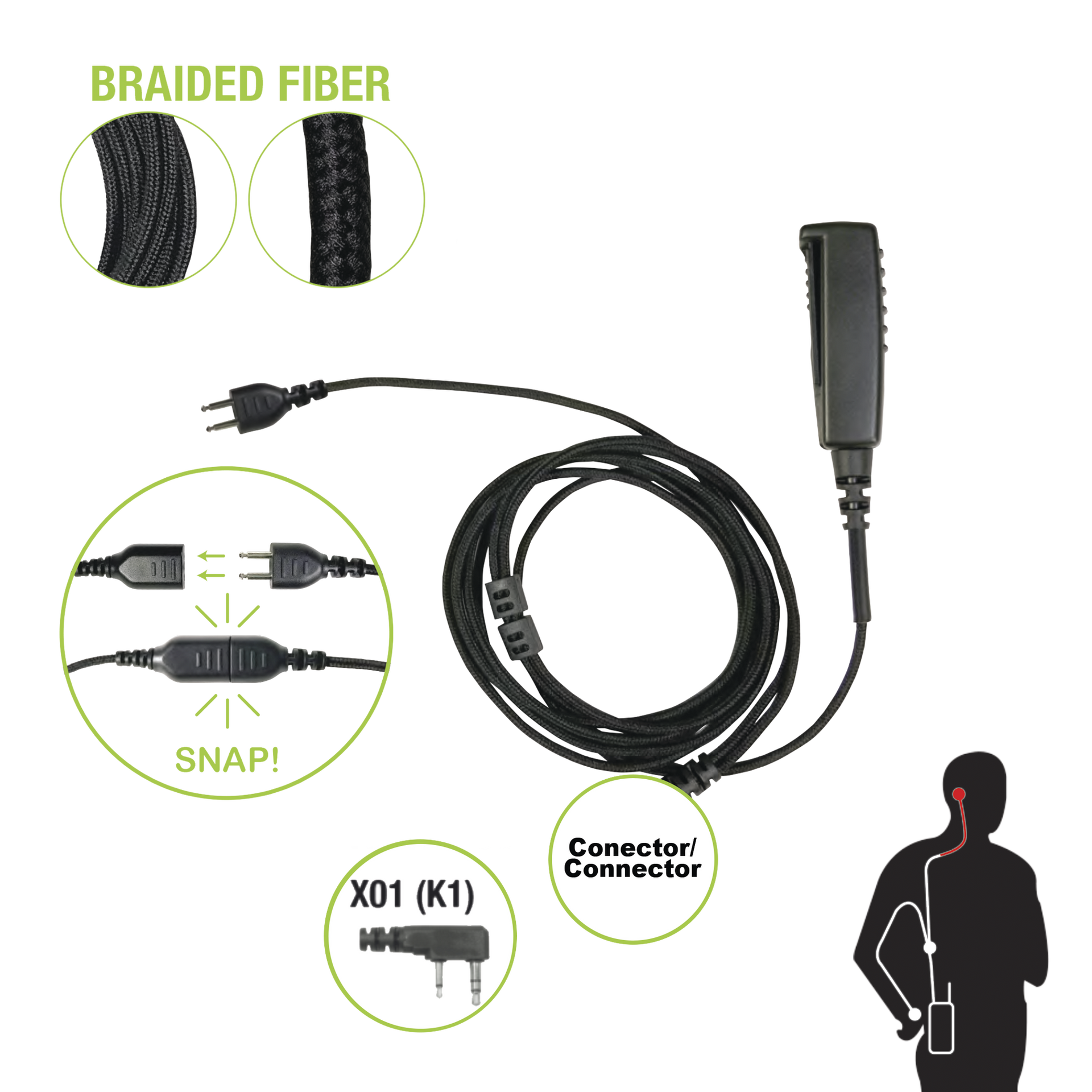 Cable para MicrÃ³fono audÃ­fono SNAP intercambiable con conector para Radios Kenwood con conector de 2 pines.