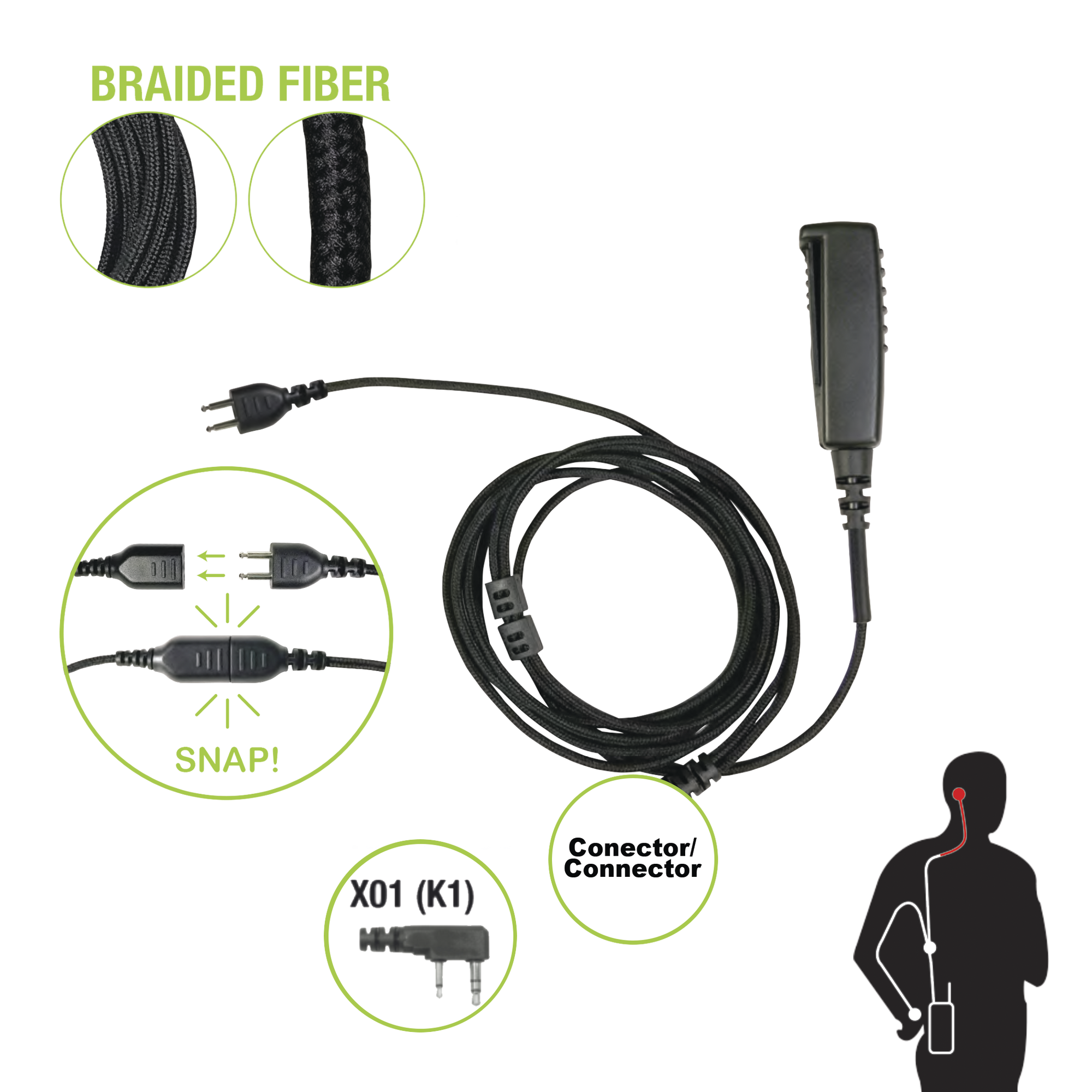 Cable para MicrÃ³fono audÃ­fono SNAP intercambiable con conector para Radios Kenwood con conector de 2 pines.