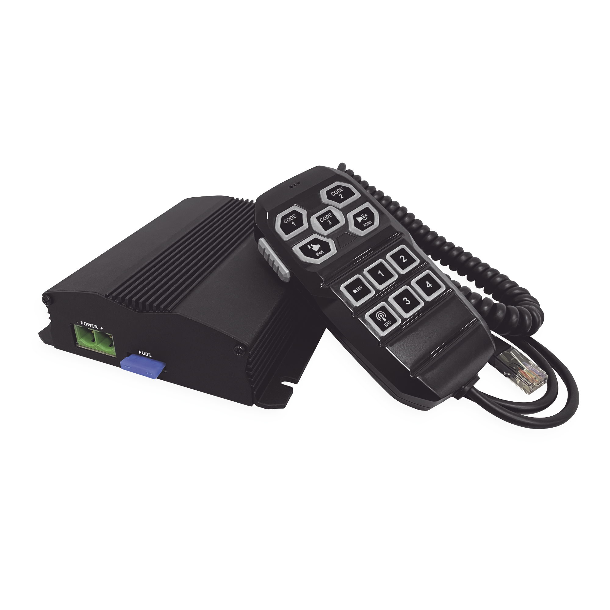 Sirena Vehicular de 100W de Potencia, Con Controlador Unimando Para Control de Tonos, 4 Salidas Auxiliares y Microfono