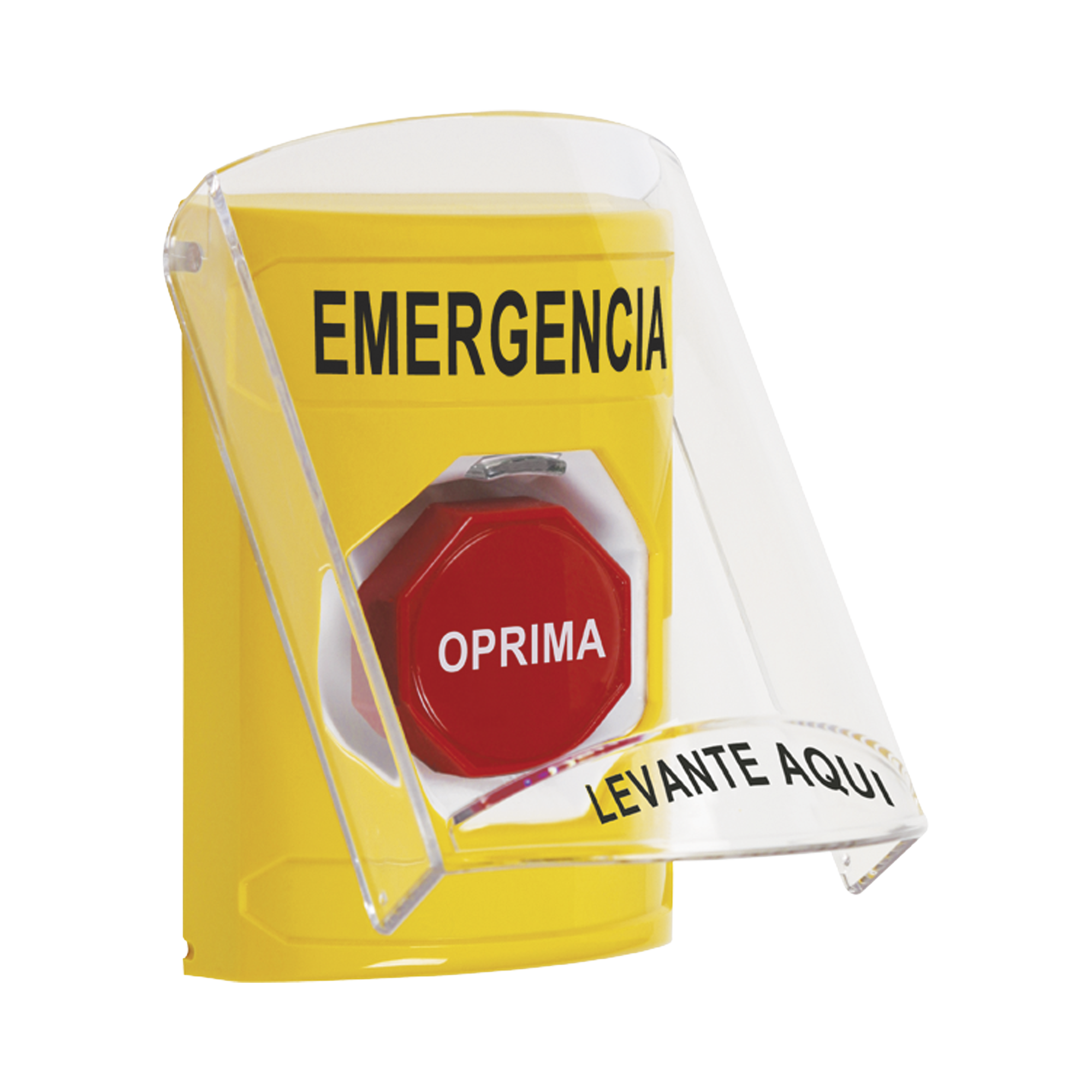 ?BotÃ³n MultipropÃ³sito, Color Amarillo, De Superficie, Con Tapa De Policarbonato, Con Bocina Pre Alarma, Solo Interior, Llave Para Restablecer, Texto De Emergencia, EspaÃ±ol