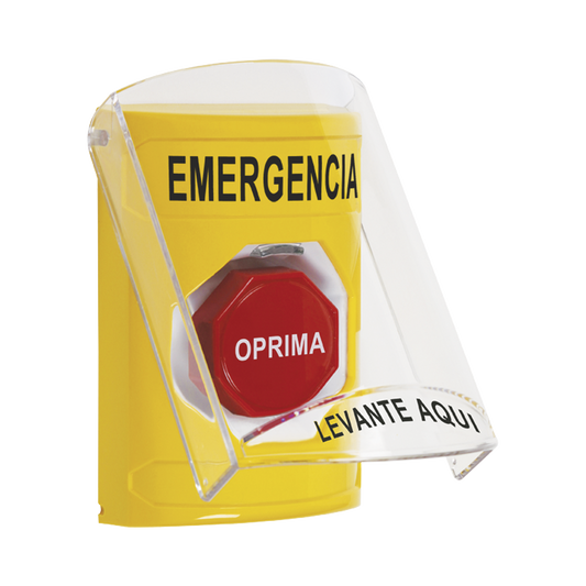 ?BotÃ³n MultipropÃ³sito, Color Amarillo, De Superficie, Con Tapa De Policarbonato, Con Bocina Pre Alarma, Solo Interior, Llave Para Restablecer, Texto De Emergencia, EspaÃ±ol