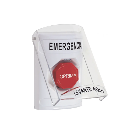 ?BotÃ³n MultipropÃ³sito, Color Blanco, De Superficie, Con Tapa De Policarbonato, Con Bocina Pre Alarma, Solo Interior, Llave Para Restablecer, Texto De Emergencia, EspaÃ±ol