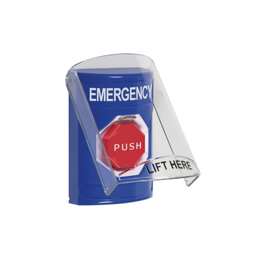 BotÃ³n MultipropÃ³sito, Color Azul, De Superficie, Con Tapa De Policarbonato, Con Bocina Pre Alarma, Para Interior, Llave Para Restablecer, Texto De Emergencia, Ingles