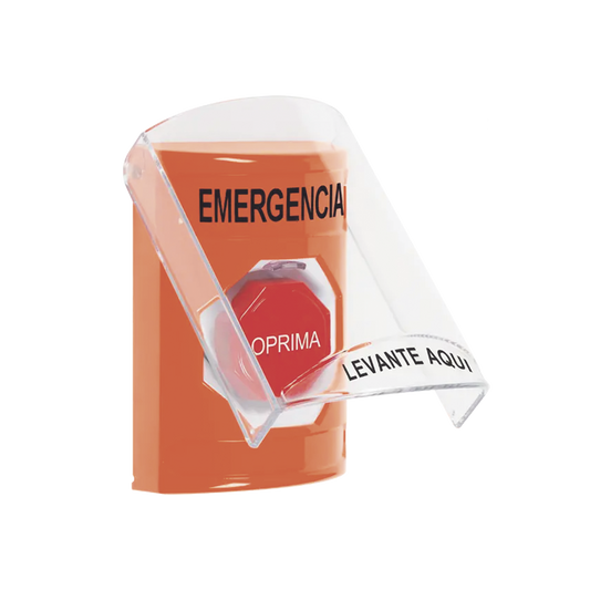 ?BotÃ³n MultipropÃ³sito, Color Naranja, De Superficie, Con Tapa De Policarbonato, Con Bocina Pre Alarma, Solo Interior, Llave Para Restablecer, Texto De Emergencia, EspaÃ±ol
