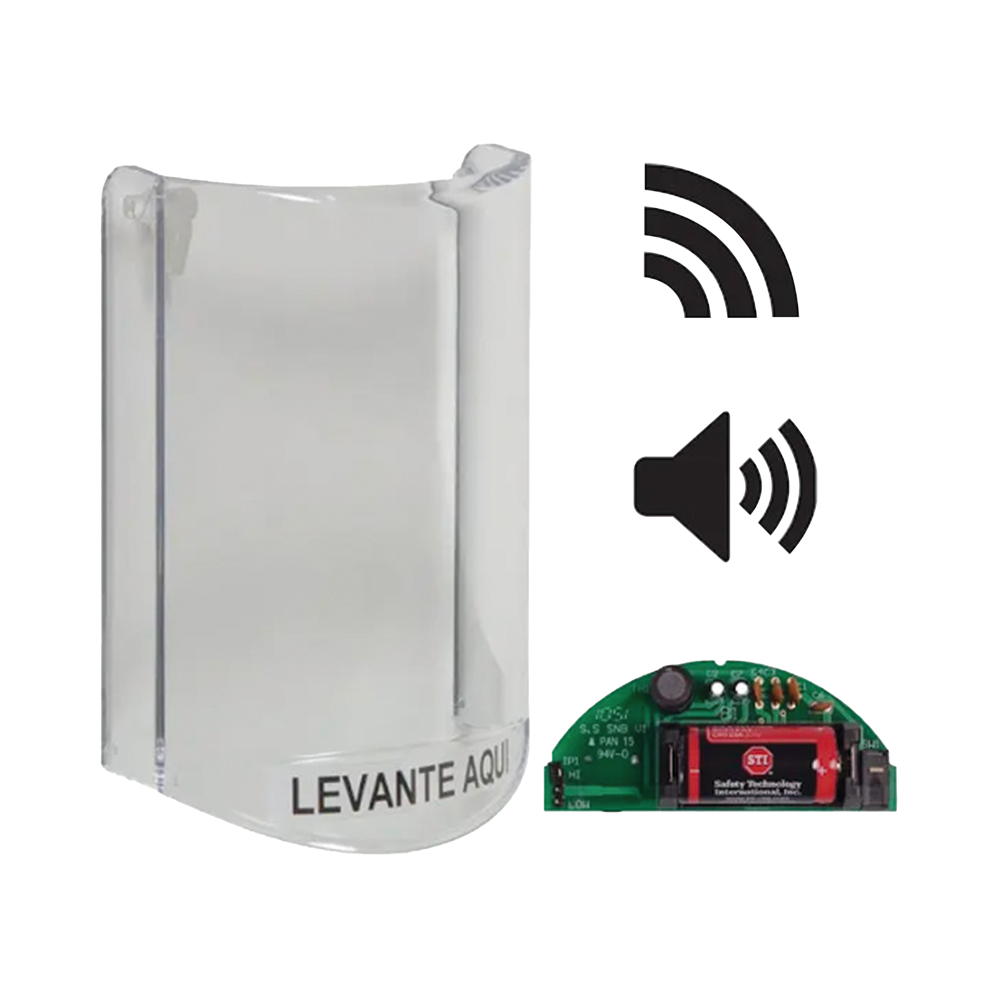 Cubierta Protectora De Policarbonato, SÃºper Resistente, Con Sonido, Con Transmisor InalÃ¡mbrico Para STI-V34104, Texto En EspaÃ±ol, Para Botones Multiusos Serie StopperÂ® Station De STI