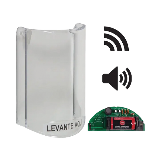 Cubierta Protectora De Policarbonato, SÃºper Resistente, Con Sonido, Con Transmisor InalÃ¡mbrico Para STI-V34104, Texto En EspaÃ±ol, Para Botones Multiusos Serie StopperÂ® Station De STI