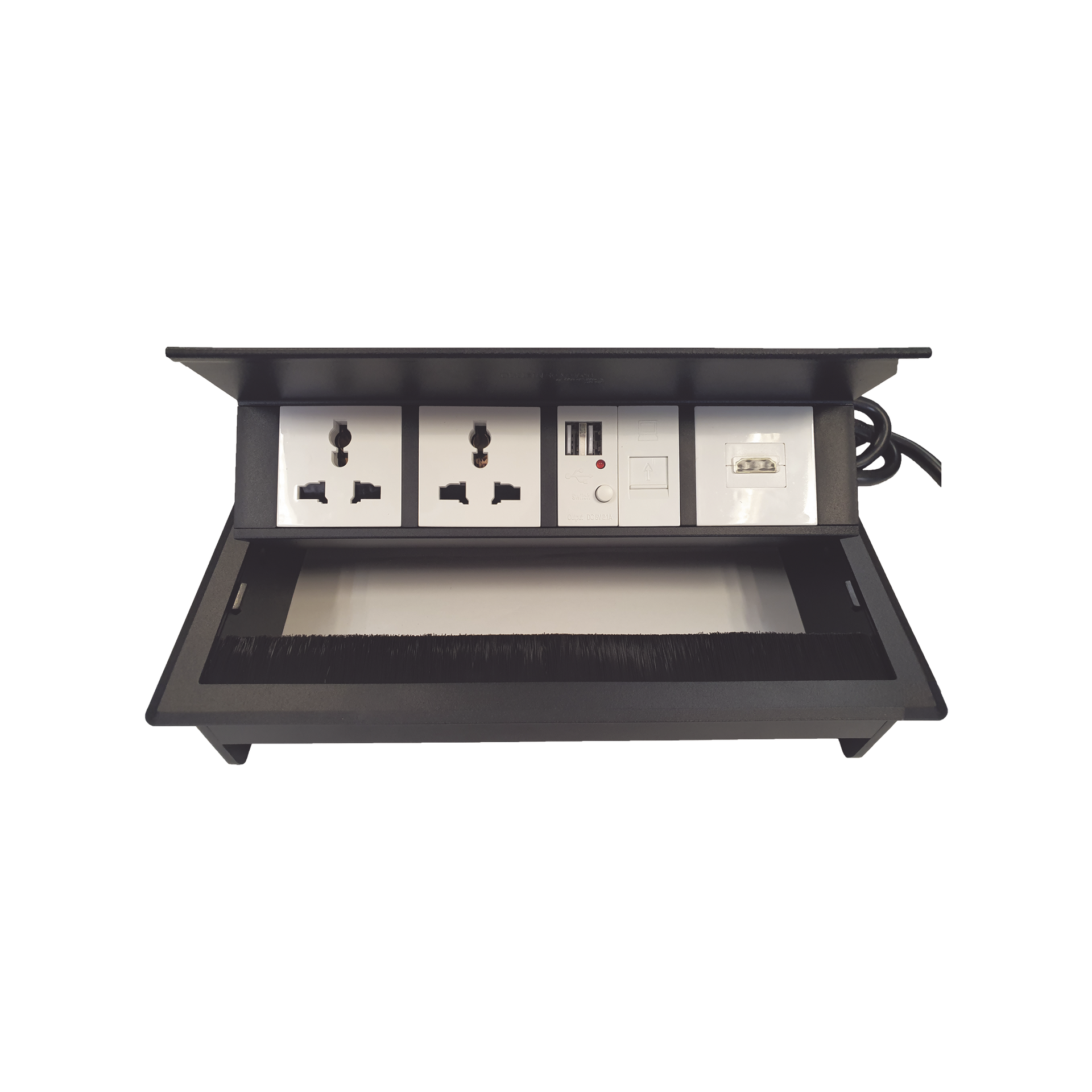 Caja Horizontal tipo Hub para escritorio color negro, con 1 Puerto HDMI Hembra-Hembra, 1 puerto RJ45 Cat6,  2 Puertos USB (Solo carga),  y 2 Contactos elÃ©ctricos universales