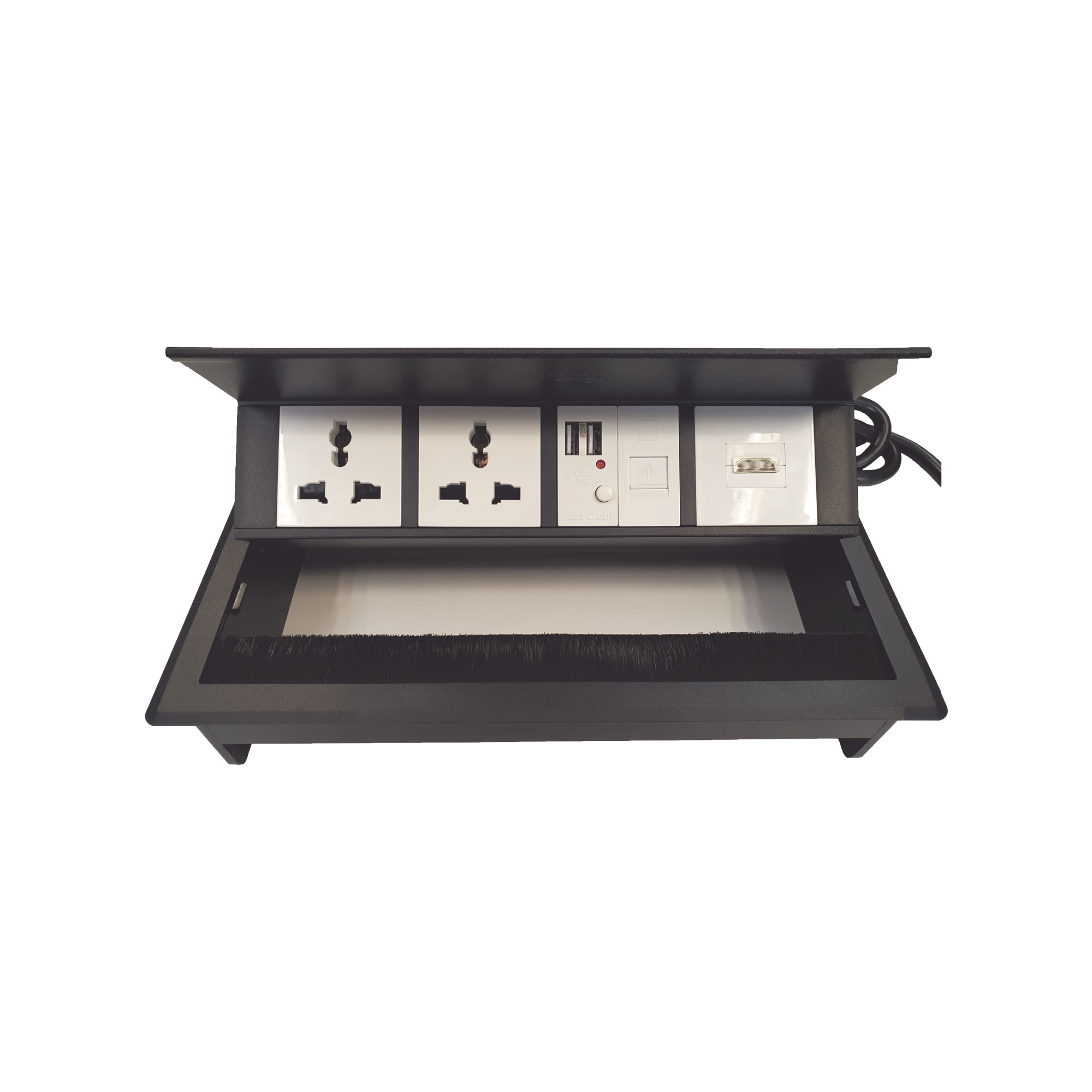 Caja Horizontal tipo Hub para escritorio color negro, con 1 Puerto HDMI Hembra-Hembra, 1 puerto RJ45 Cat6,  2 Puertos USB (Solo carga),  y 2 Contactos elÃ©ctricos universales