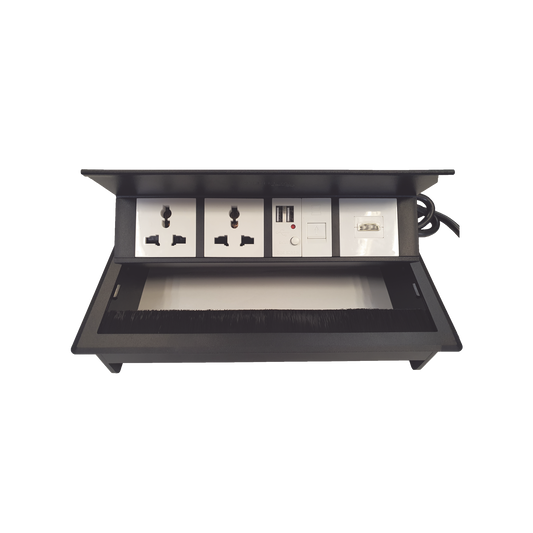 Caja Horizontal tipo Hub para escritorio color negro, con 1 Puerto HDMI Hembra-Hembra, 1 puerto RJ45 Cat6,  2 Puertos USB (Solo carga),  y 2 Contactos elÃ©ctricos universales