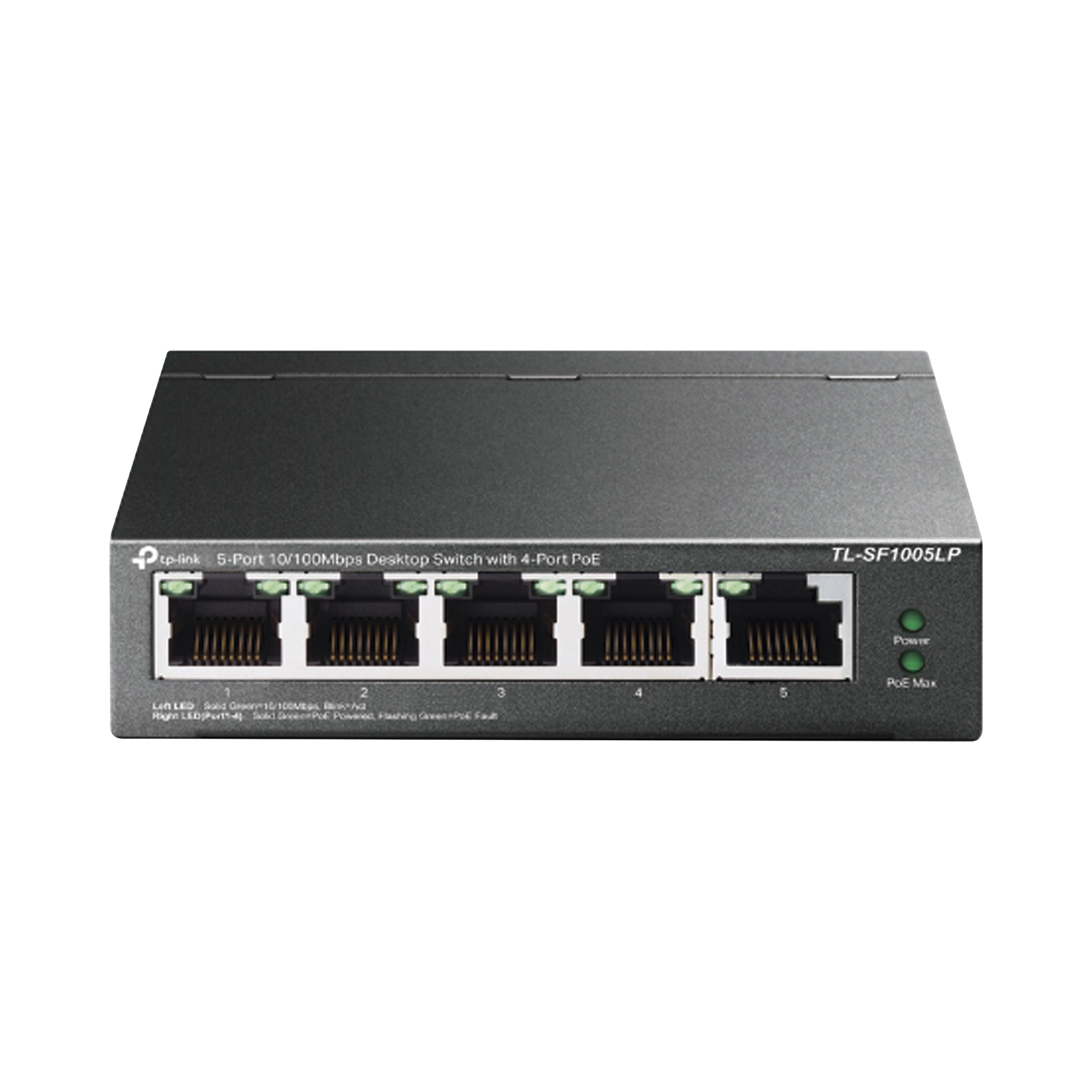 Switch PoE No Administrable de Escritorio / 5 puertos 10/100 Mbps / 4 puertos PoE af / Presupuesto 41 W / Modo extensor PoE hasta 250 metros / Calidad video prioritaria