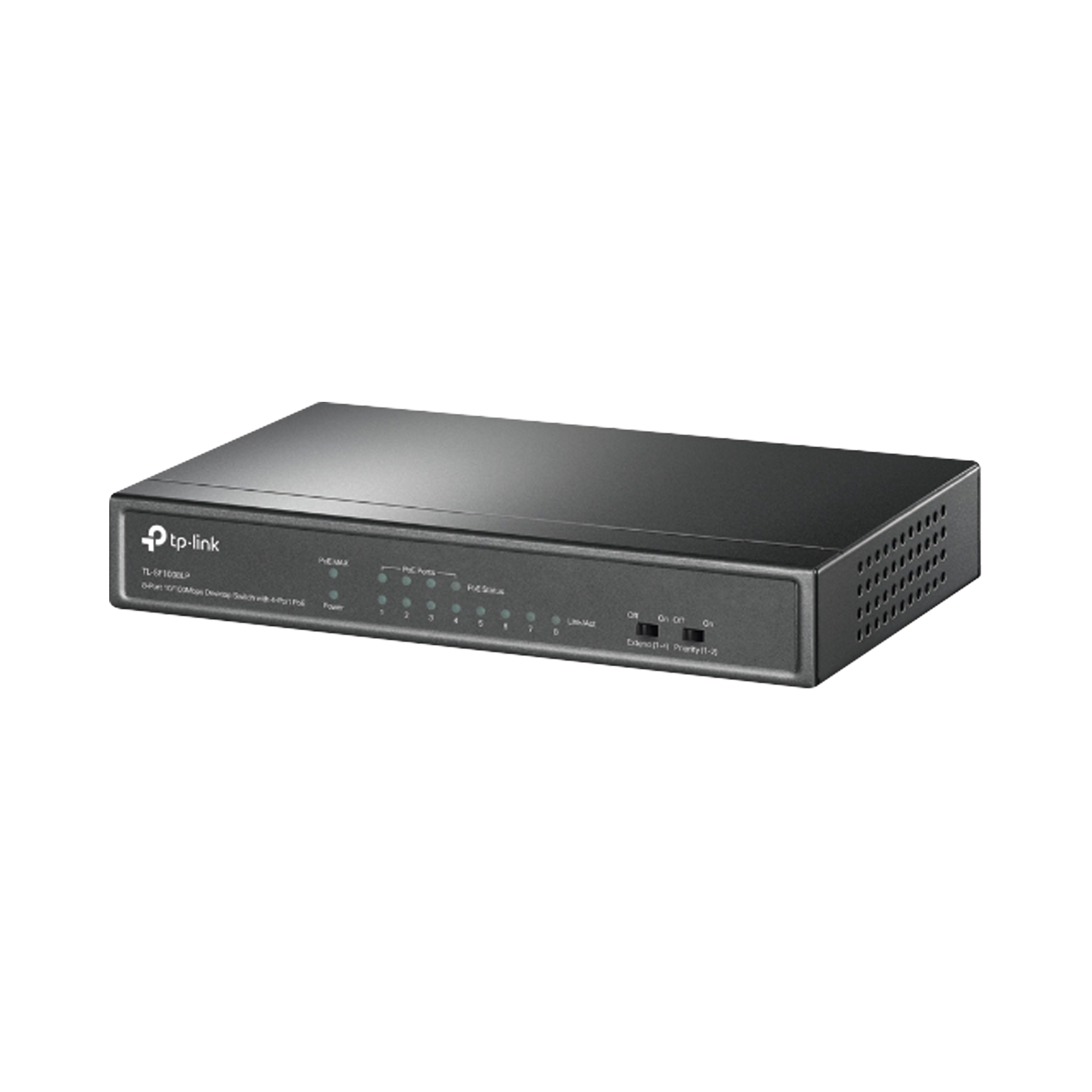 Switch PoE No Administrable de Escritorio / 8 puertos 10/100 Mbps / 4 puertos PoE af / Presupuesto 41 W / Modo extensor PoE hasta 250 metros / Calidad video prioritaria