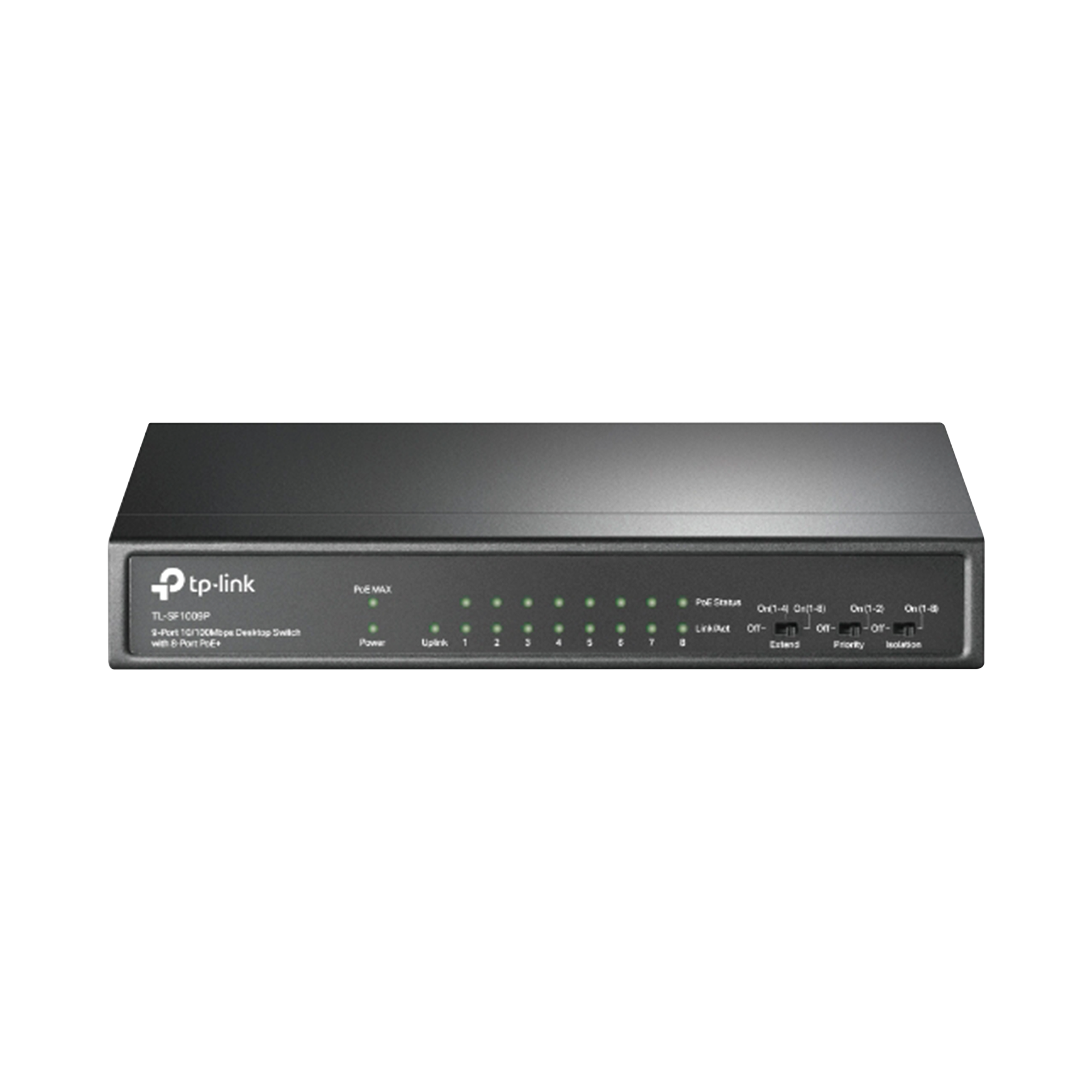 Switch PoE+ No Administrable / De Escritorio 9 puertos 10/100 Mbps / 8 puertos PoE af/at Inteligente / Presupuesto 65 W / Hasta 250 metros