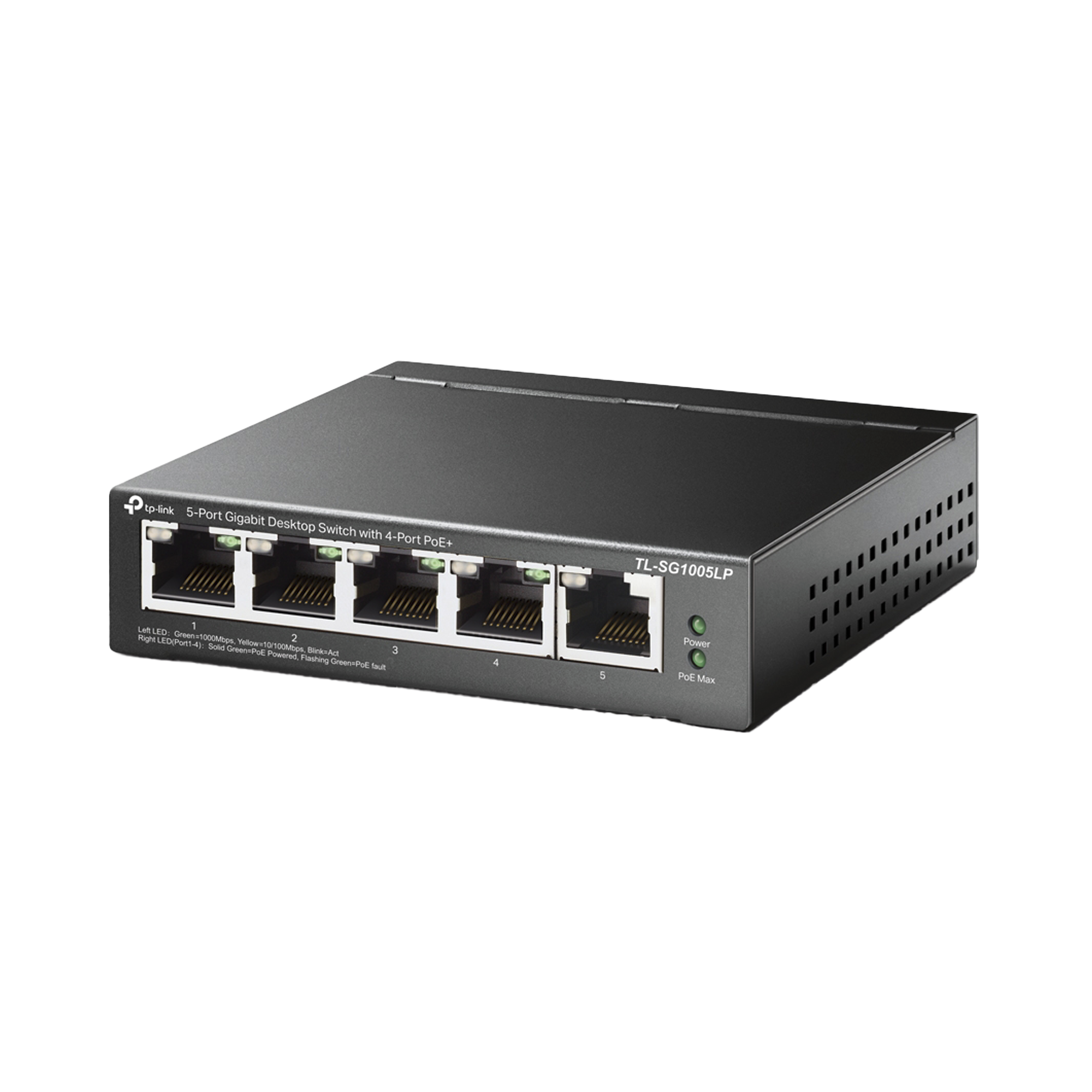 Switch Escritorio No Administrable de 5 puertos 100/100/1000 Mbps / Con 4 puertos PoE 802.3af/at de hasta 40 W