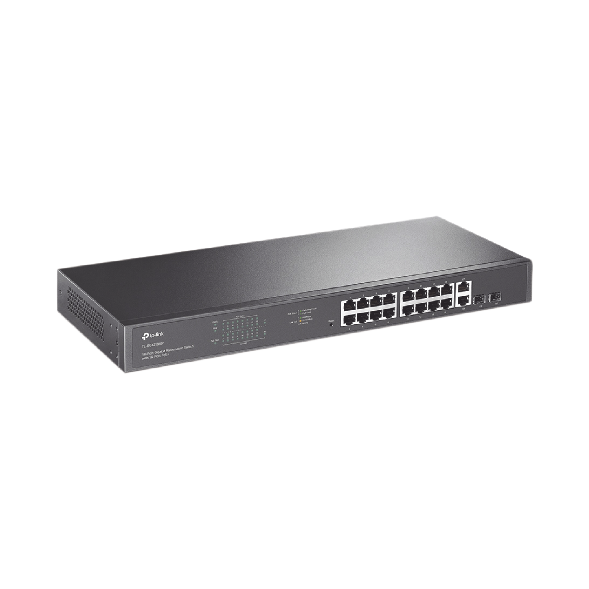 Switch no administrable de 16 puertos 10/100/1000Mbps y PoE af/at, 2 puertos SFP hasta 250W.