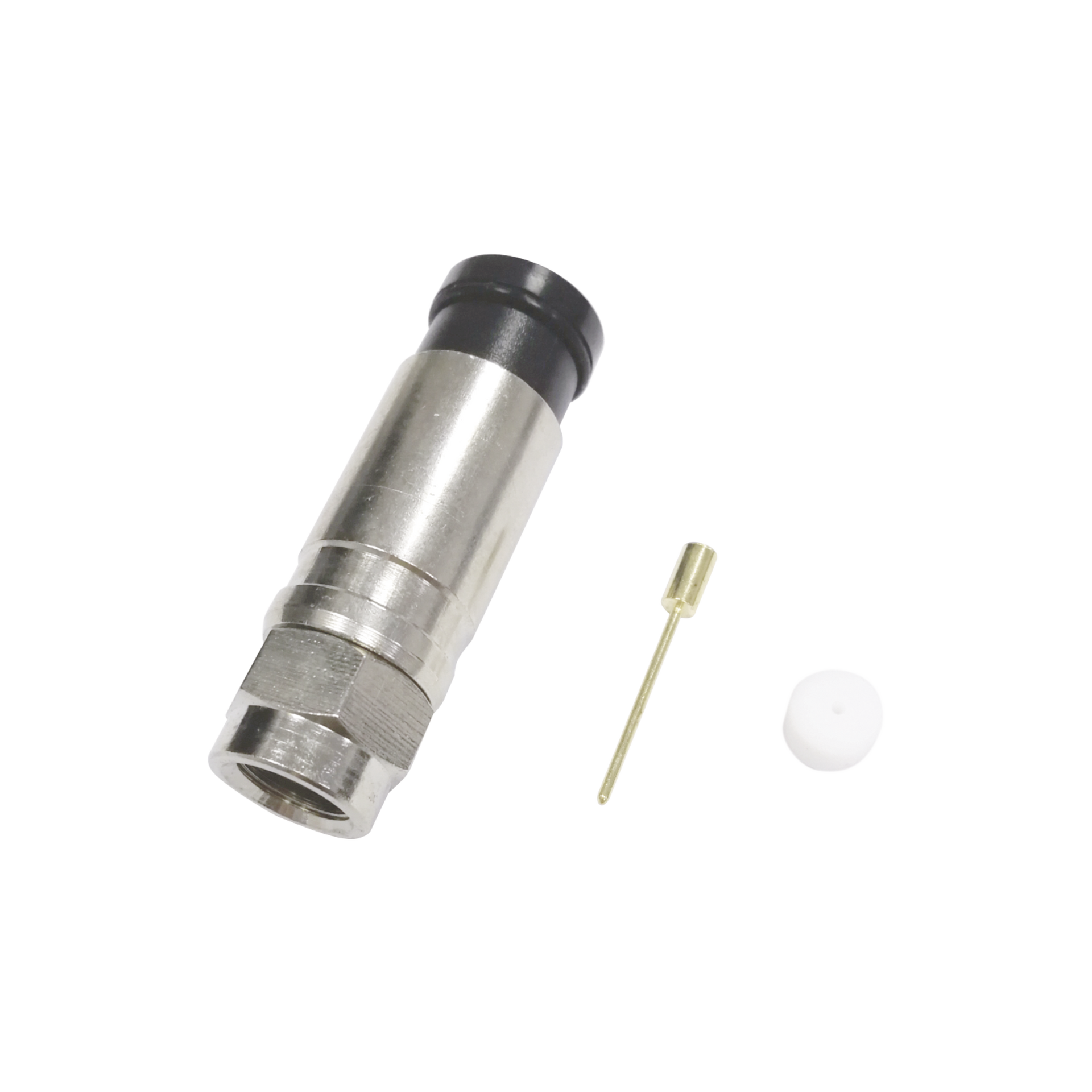 Conector F Macho de CompresiÃ³n Axial con Borne Negro para instalar en Cable Coaxial RG-11, 75 Ohm, Bronce-Niquelado.