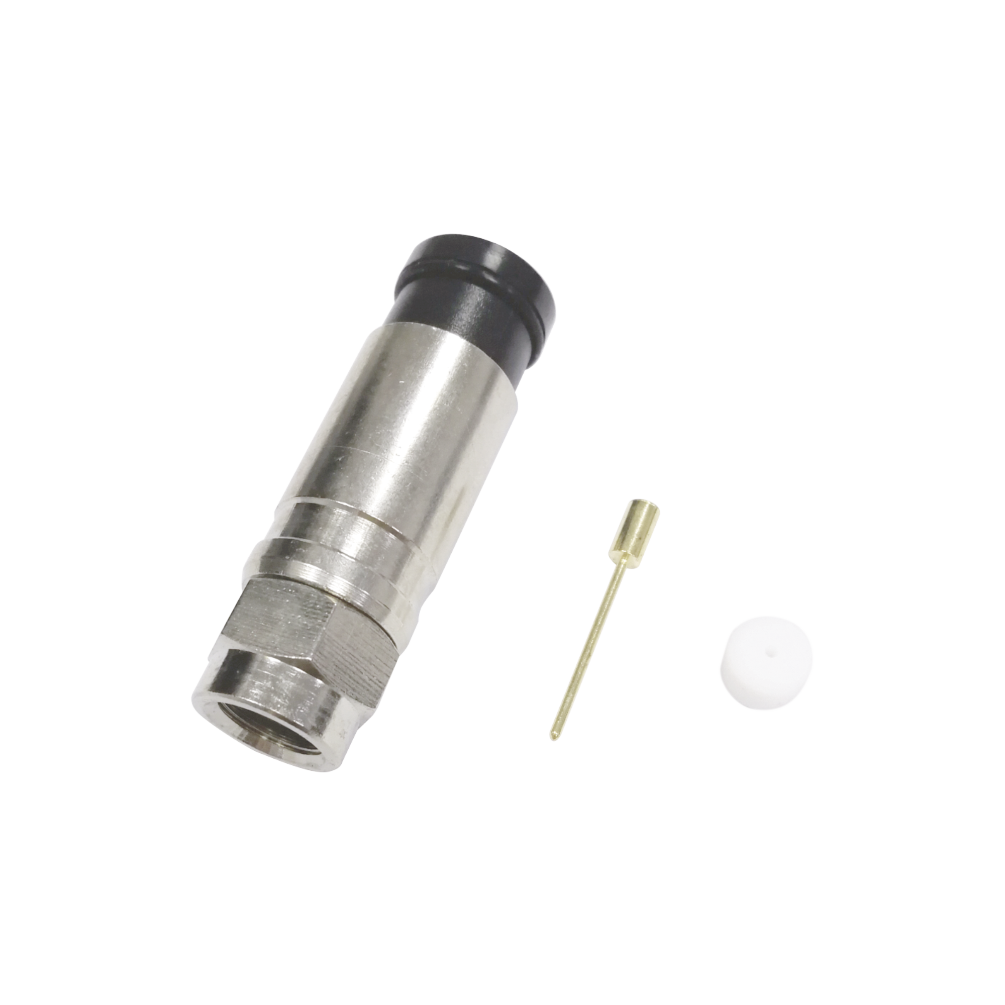 Conector F Macho de CompresiÃ³n Axial con Borne Negro para instalar en Cable Coaxial RG-11, 75 Ohm, Bronce-Niquelado.