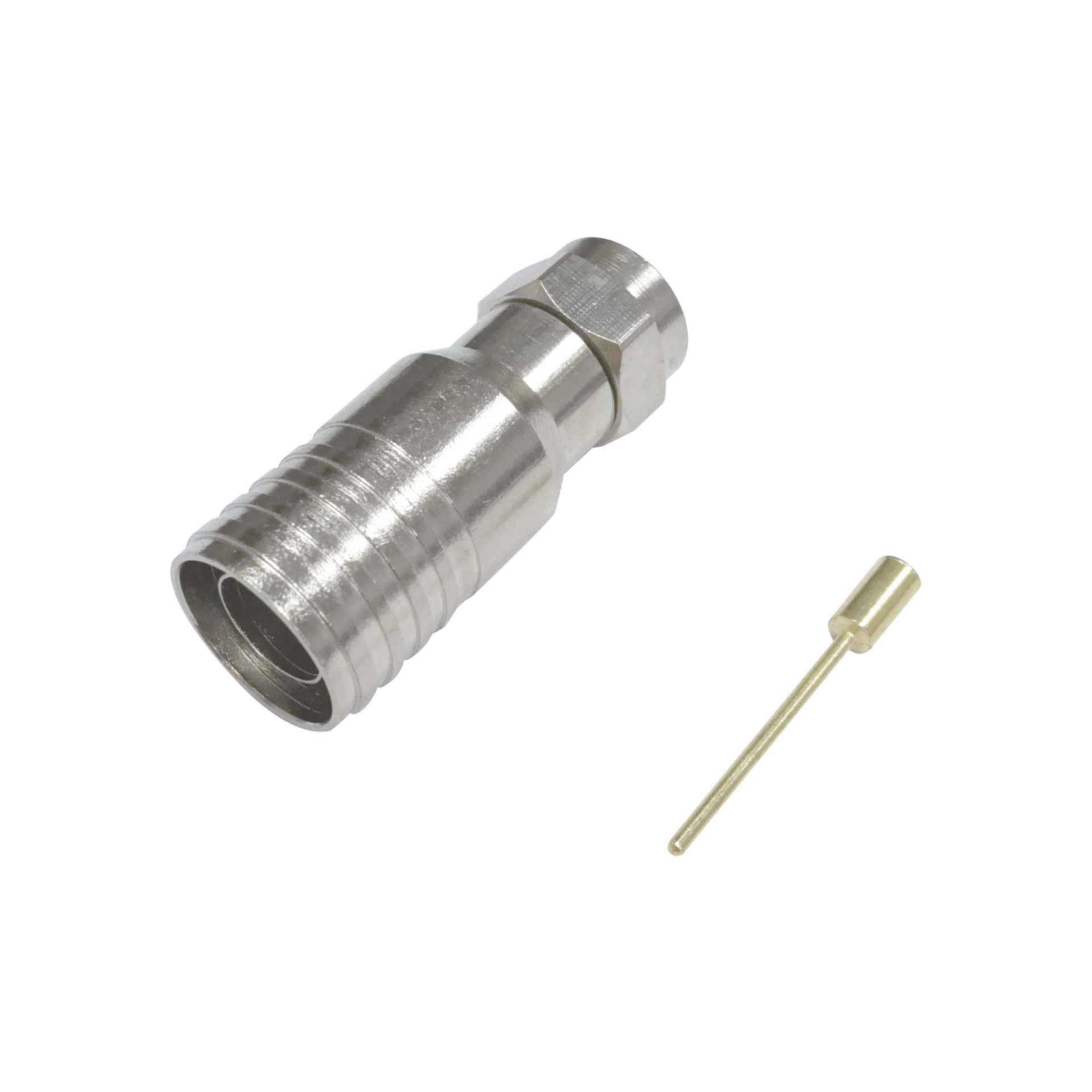 Conector F Macho en 75 Ohm, Plegable para Instalar en Cables Coaxiales RG-11, Cuerpo de Bronce-Niquelado/ TeflÃ³n.