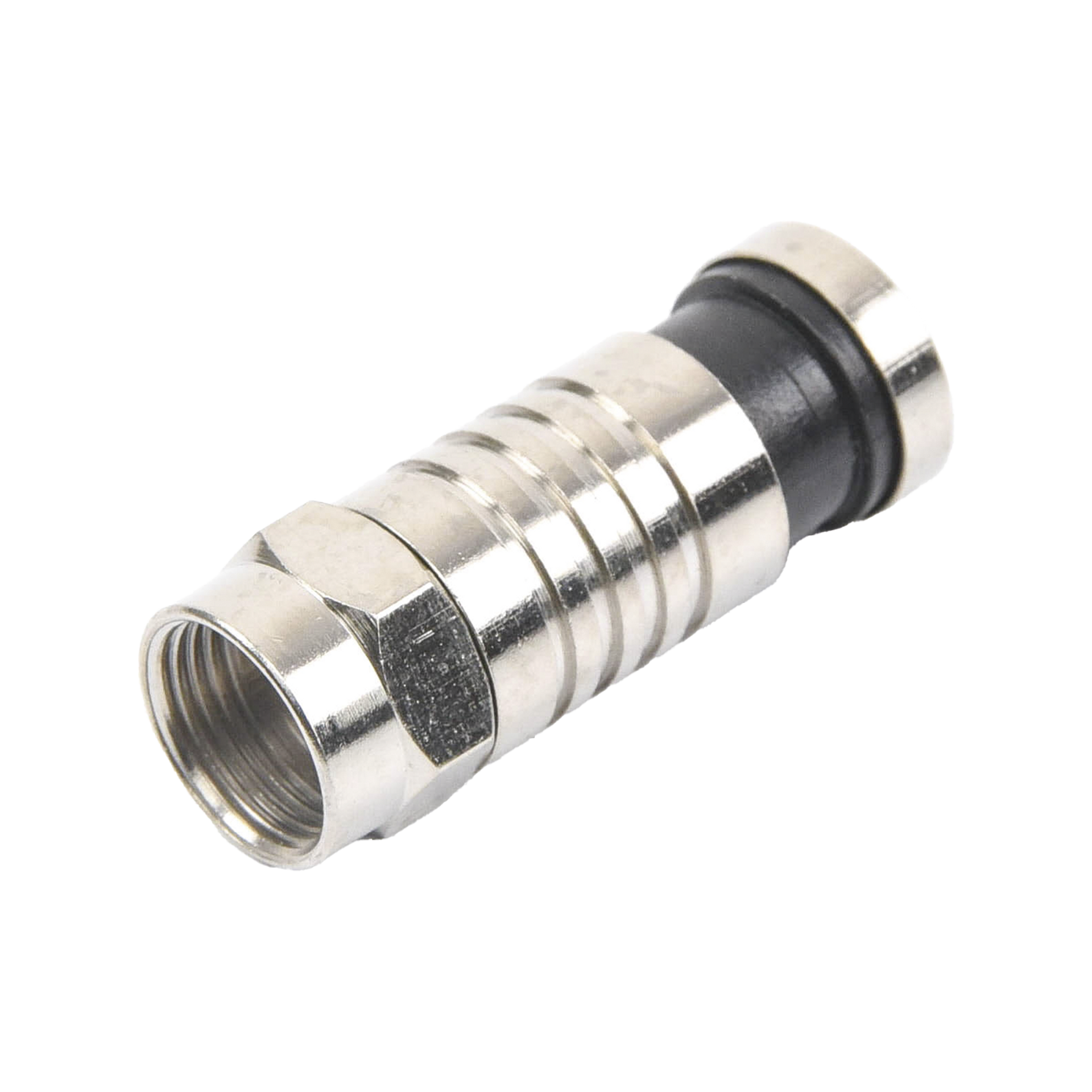 Conector F Macho de CompresiÃ³n para cable RG-59, Cuerpo de Bronce Niquelado.