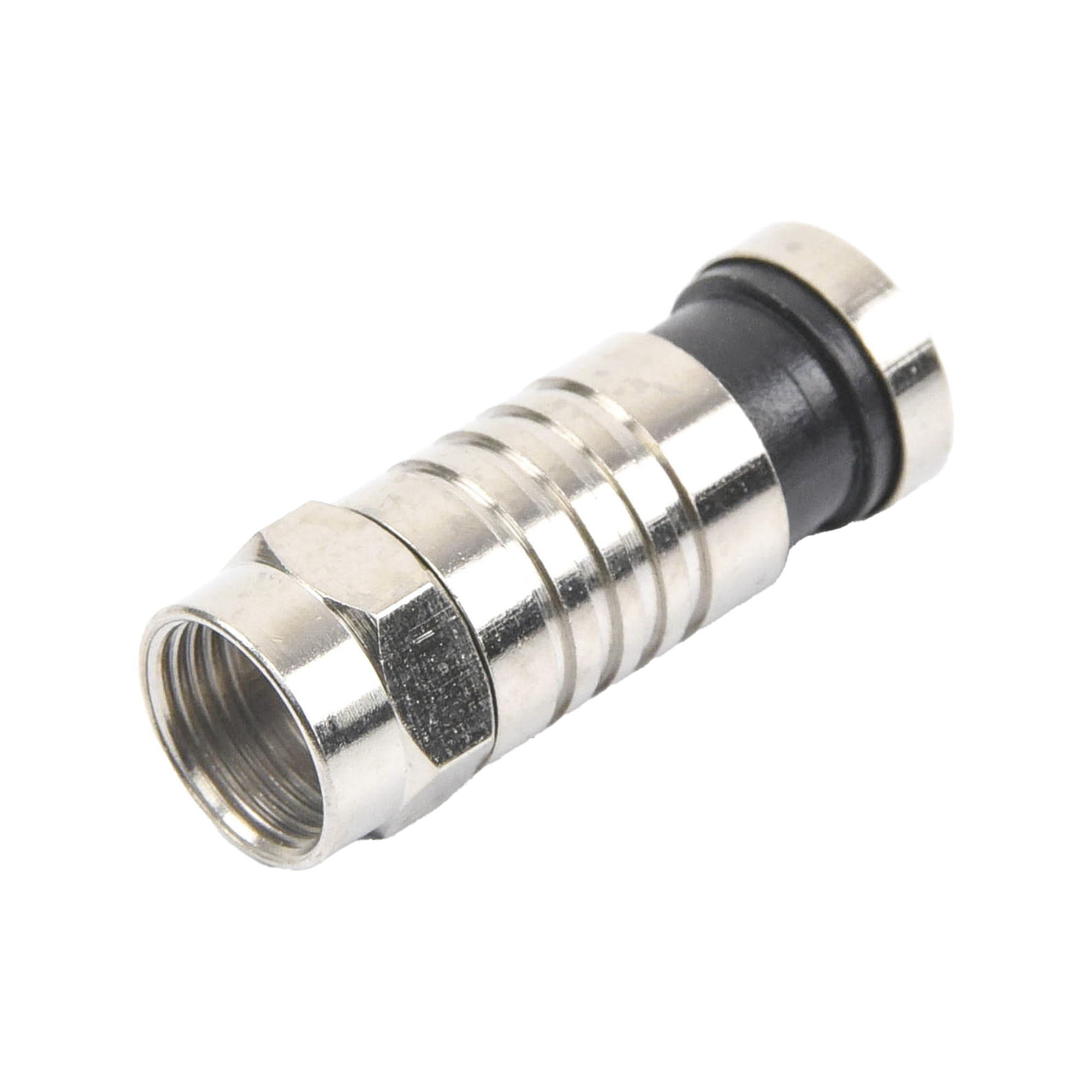 Conector F Macho de CompresiÃ³n para cable RG-6, Cuerpo de Bronce Niquelado.