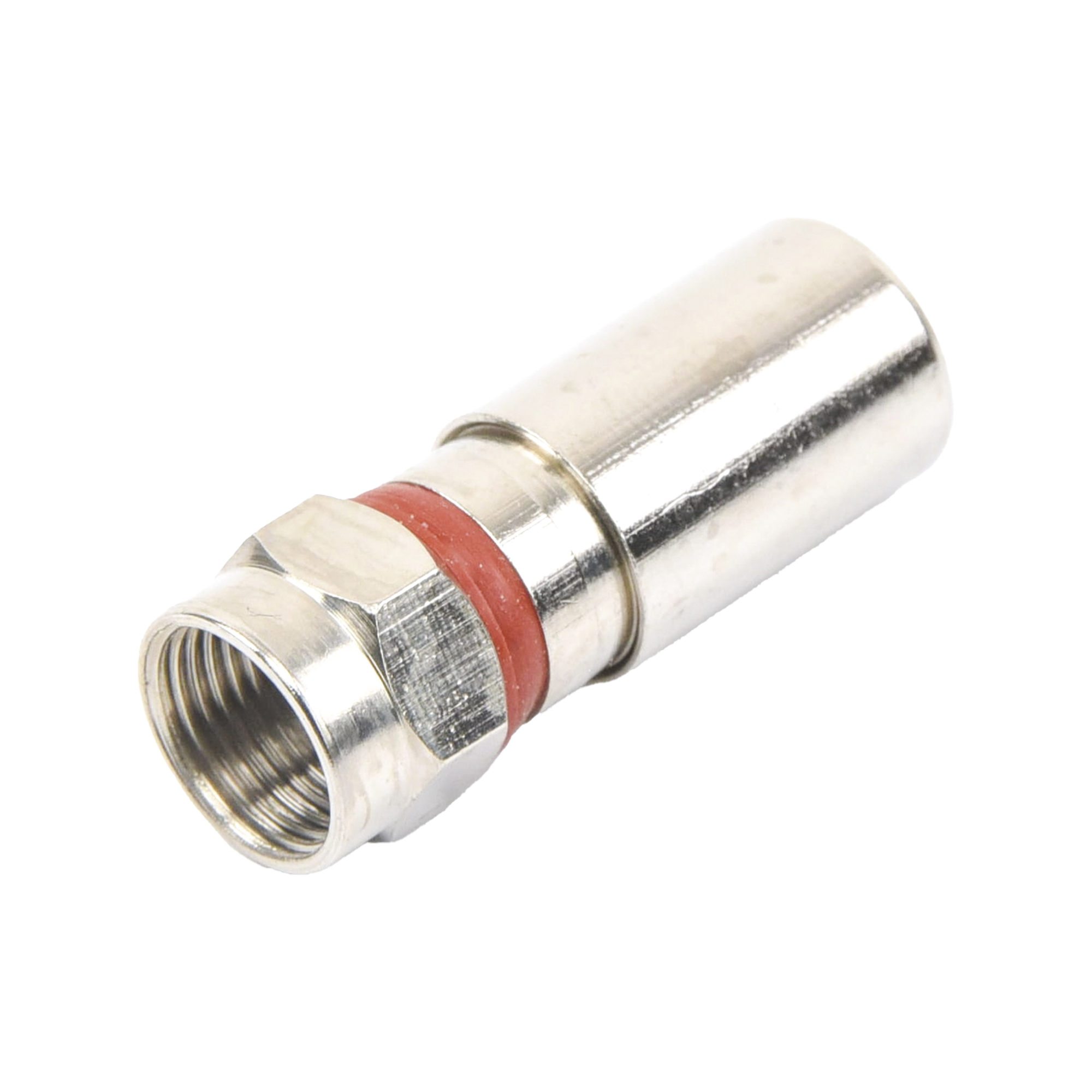 Conector F Macho de CompresiÃ³n, MetÃ¡lico para cable RG-6, Cuerpo de Bronce Niquelado.