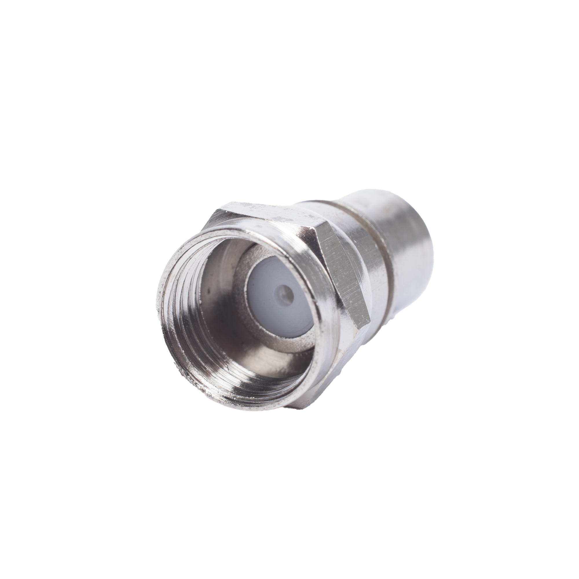 Conector F Macho, Plegable con PIN para Cable RG-6, Cuerpo de Bronce Niquelado.