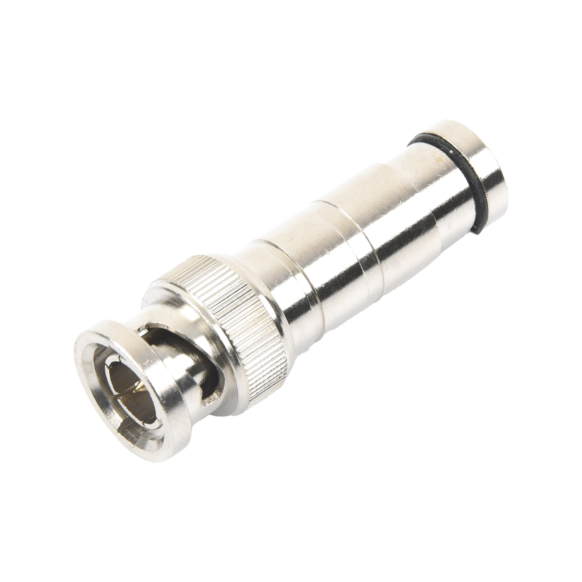 Conector BNC Macho en 75 Ohm, de CompresiÃ³n Axial para Cable Coaxial RG-59/U, NÃ­quel/ Oro/ Politetrafluoroetileno.