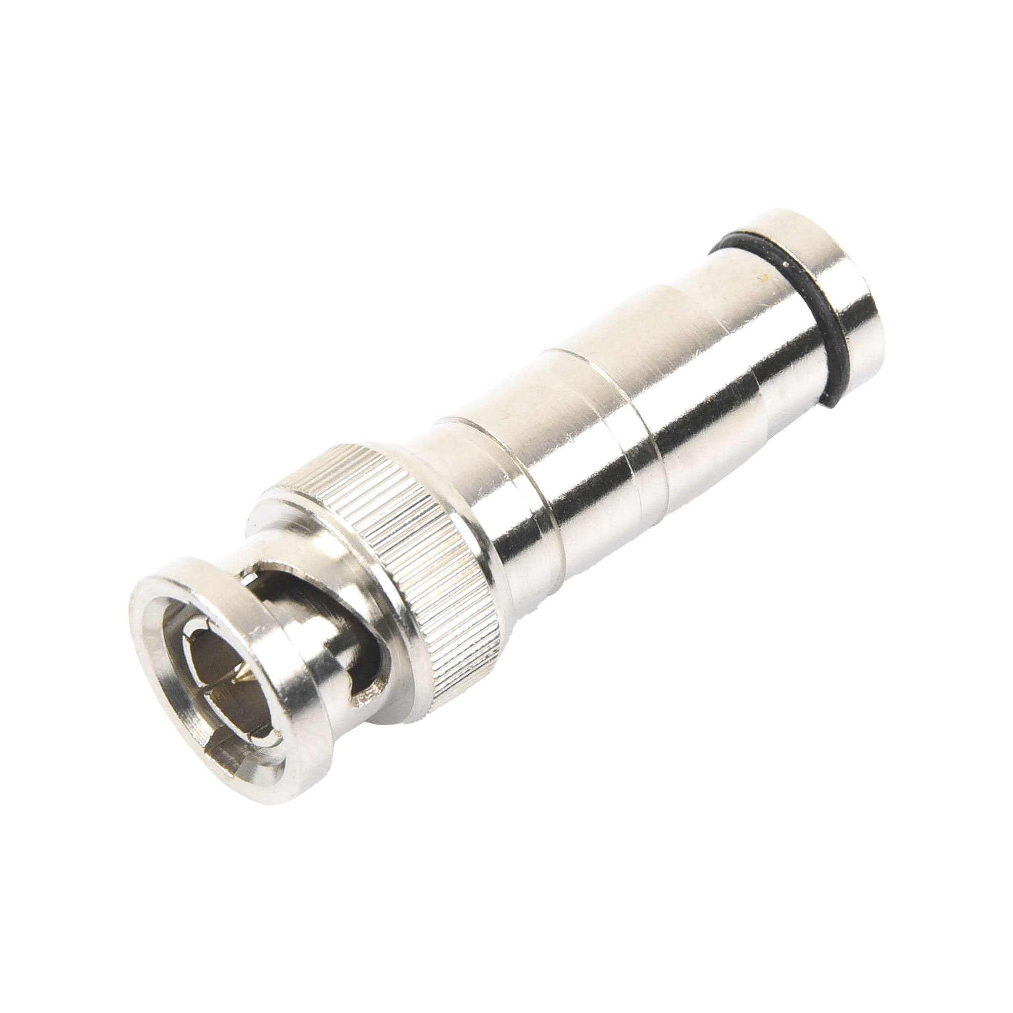 Conector BNC Macho en 75 Ohm, de CompresiÃ³n Axial para Cable Coaxial RG-59/U, NÃ­quel/ Oro/ Politetrafluoroetileno.