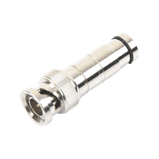 Conector BNC Macho en 75 Ohm, de CompresiÃ³n Axial para Cable Coaxial RG-59/U, NÃ­quel/ Oro/ Politetrafluoroetileno.