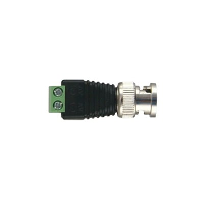 Adaptador de conector BNC macho a 2 terminales-tornillo para cables AWG-26-14, en aplicaciones Video Vigilancia, NÃ­quel/ Oro/  PTFE y PVC.