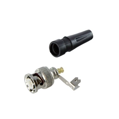 Conector BNC macho en 75 Ohm, para cable coaxial RG-59 / Con base de alivio negra de PVC, NÃ­quel/ Oro/ PTFE.