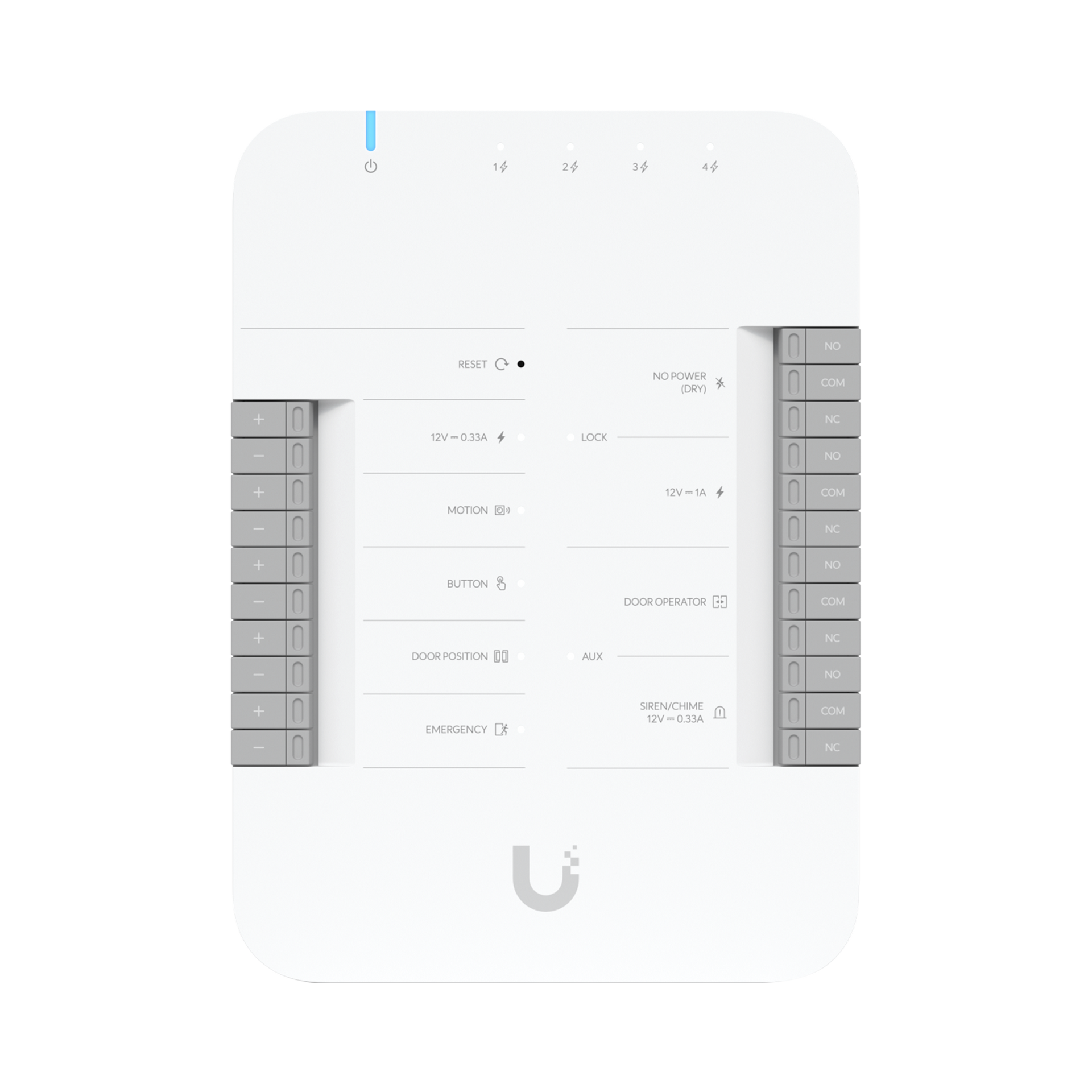UniFi Access Hub Door, puede conectar 2 lectores y 2 cÃ¡maras (no incluidos) para controlar solo una puerta / 2 terminales AUX y 4 entradas adicionales (sensores y botones) POE 802.3bt no incluido