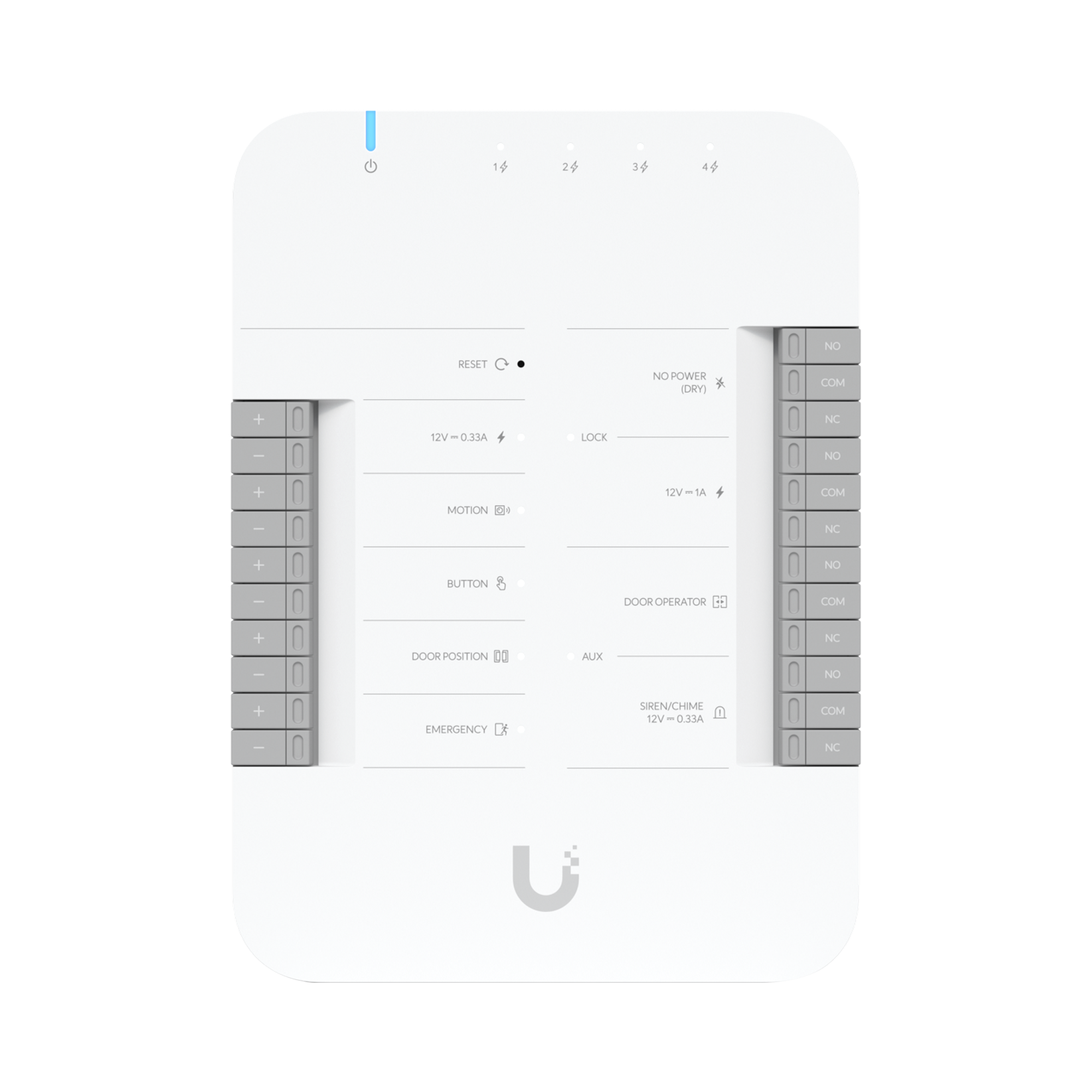 UniFi Access Hub Door, puede conectar 2 lectores y 2 cÃ¡maras (no incluidos) para controlar solo una puerta / 2 terminales AUX y 4 entradas adicionales (sensores y botones) POE 802.3bt no incluido