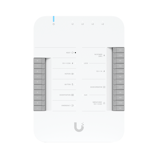 UniFi Access Hub Door, puede conectar 2 lectores y 2 cÃ¡maras (no incluidos) para controlar solo una puerta / 2 terminales AUX y 4 entradas adicionales (sensores y botones) POE 802.3bt no incluido