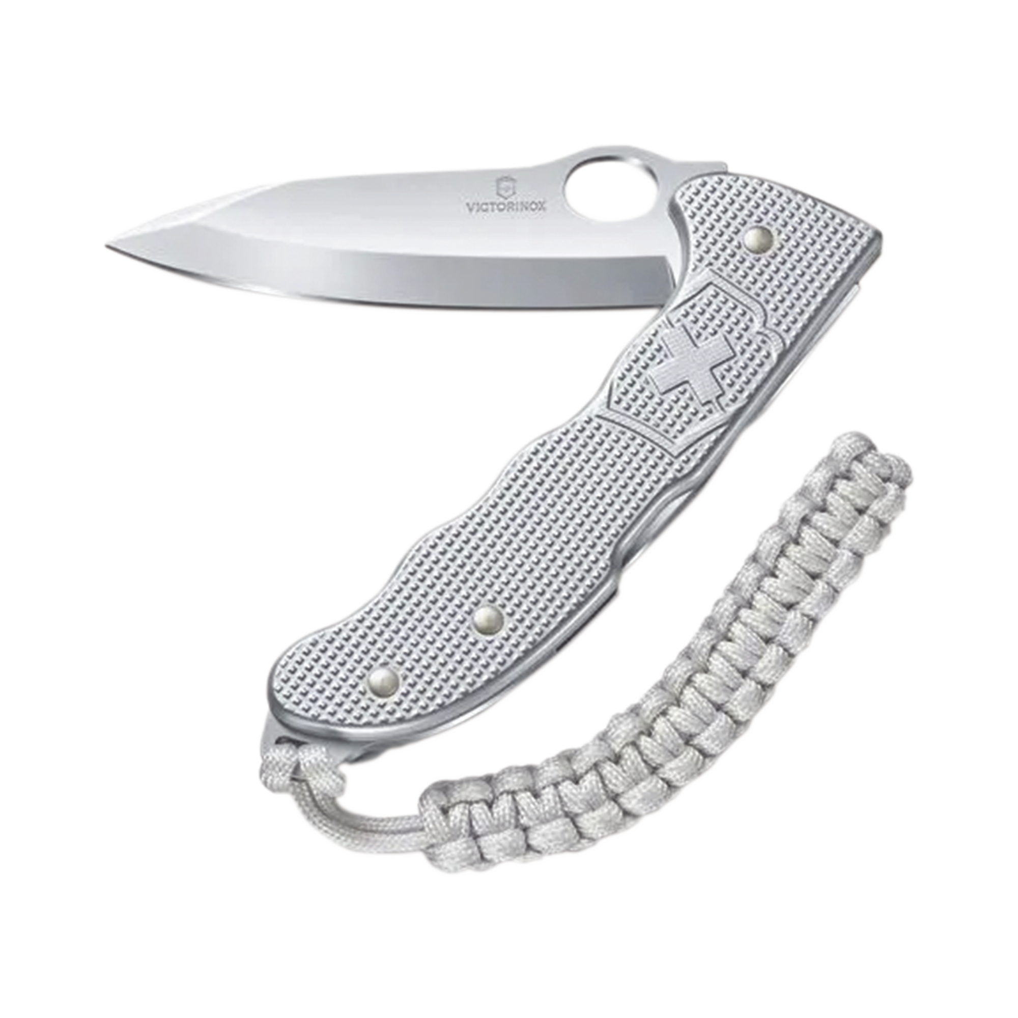 Navaja Victorinox Hunter con Cachas Alox Acanaladas y Hoja a una Mano. Con Colgante Paracord Plateado.