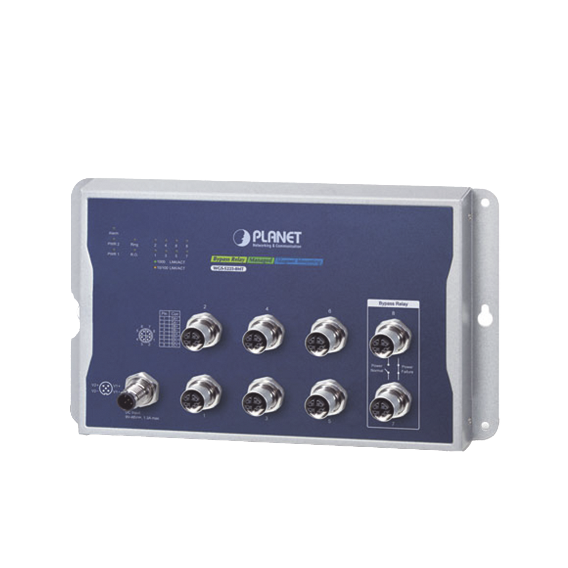 Switch Industrial Tipo Plano, Capa 2, 8 Puertos M12 10/100/1000T, Con Modo Bypass, Carcasa IP40