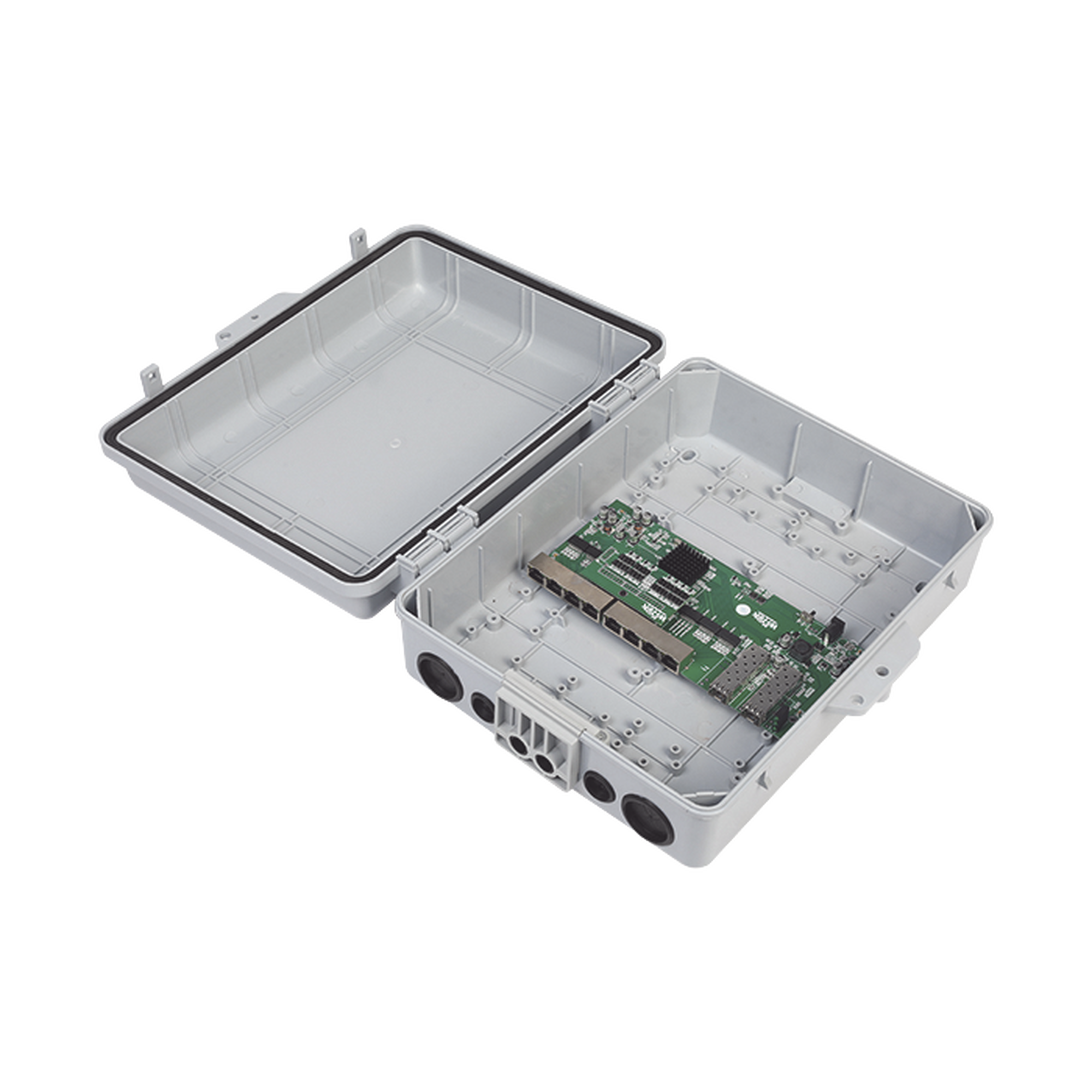 Switch WISP/FTTx con 7 puertos PoE inverso de 24V Pasivo (PoE in), 1 puerto PoE out de 24V + 2 SFP, Integrado con Gabinete NEMA IP67 para exterior