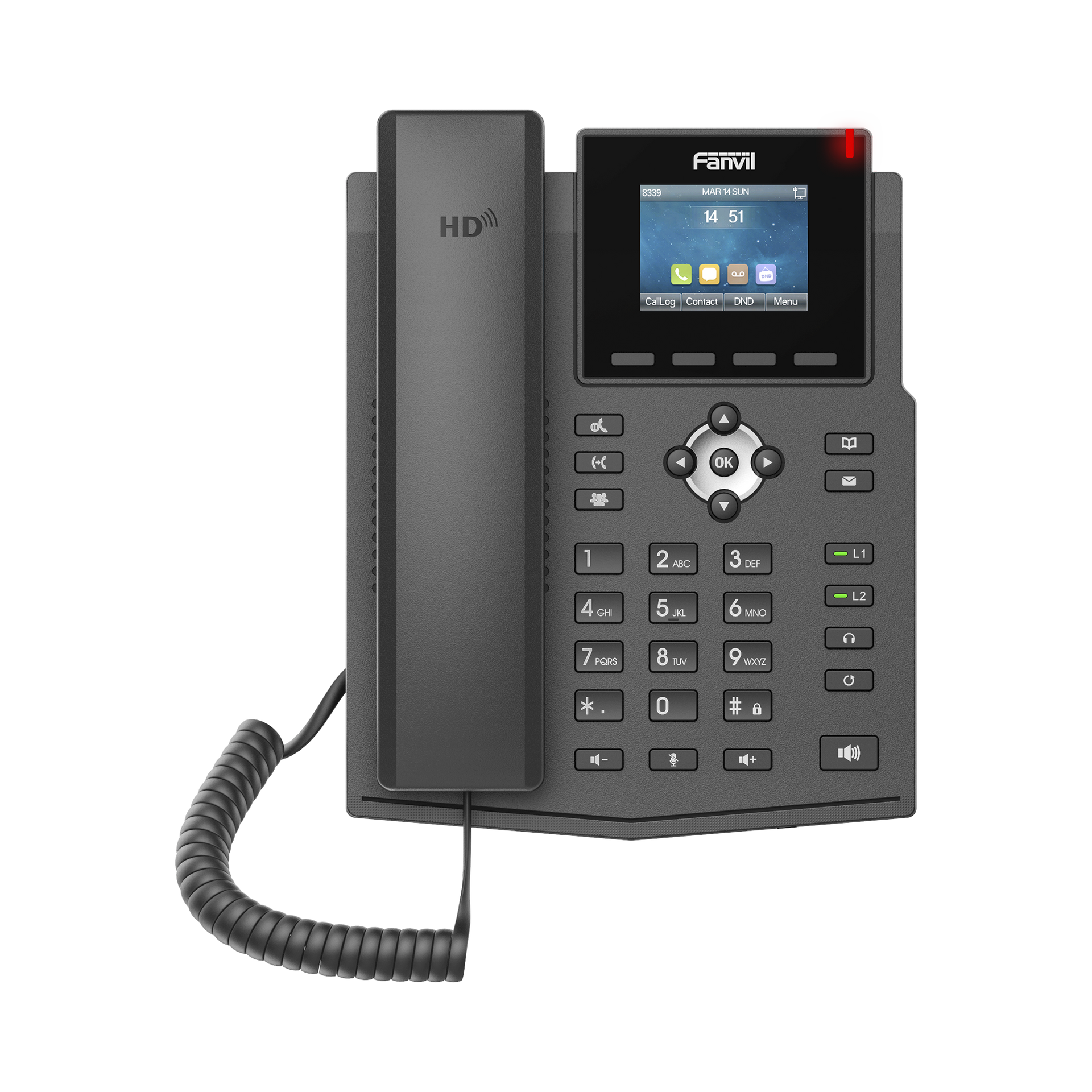 TelÃ©fono IP empresarial para 4 lÃ­neas SIP con pantalla LCD de 2.4 pulgadas a color, Opus y conferencia de 6 participantes, PoE.