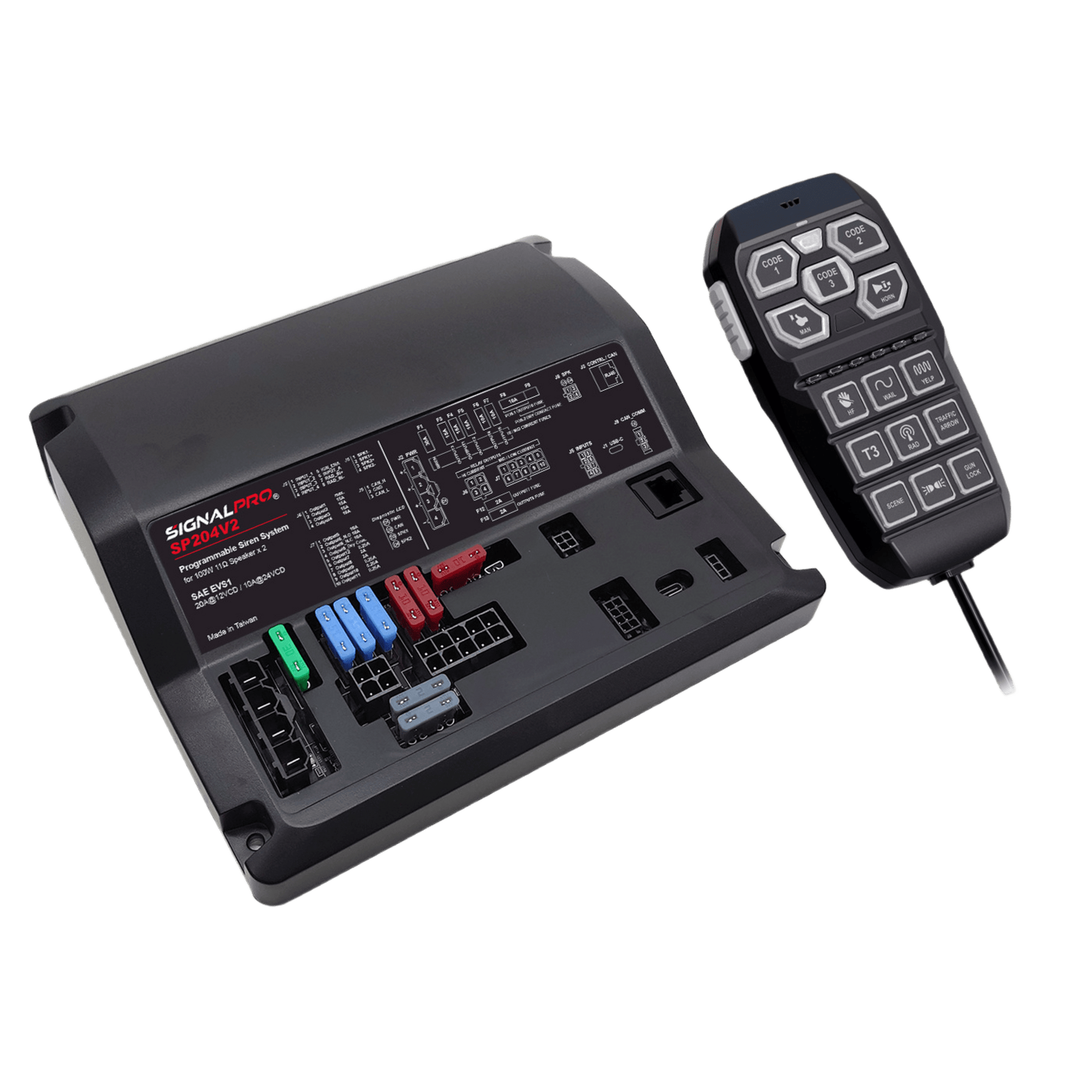 Sirena Vehicular de 200W de Potencia, Programable, Con Controlador Unimando de 15 Botones Para Control de Tonos, 12 Salidas Auxiliares y MicrÃ³fono