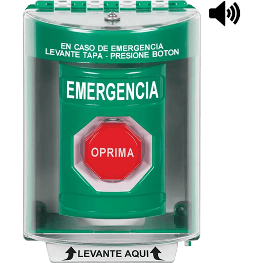 ?BotÃ³n MultipropÃ³sito, Color Verde, De Superficie con Espaciador, C/Tapa De Policarbonato, C/Bocina Pre Alarma, Interior/Exterior, Llave Para Restablecer, Texto De Emergencia, EspaÃ±ol