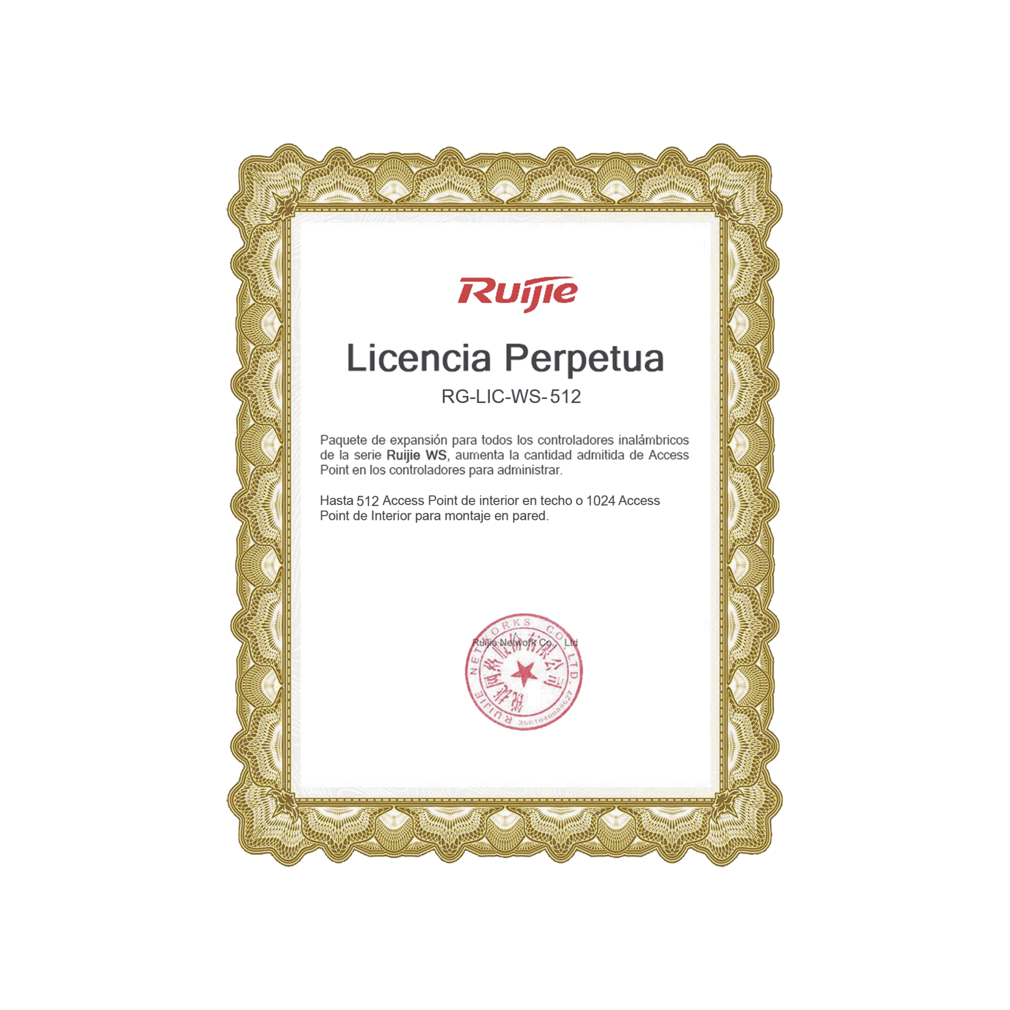 Paquete de expansiÃ³n para controladores inalÃ¡mbricos serie Ruijie WS hasta 512 APs interior en techo o 1024 APs interior montaje en pared.
