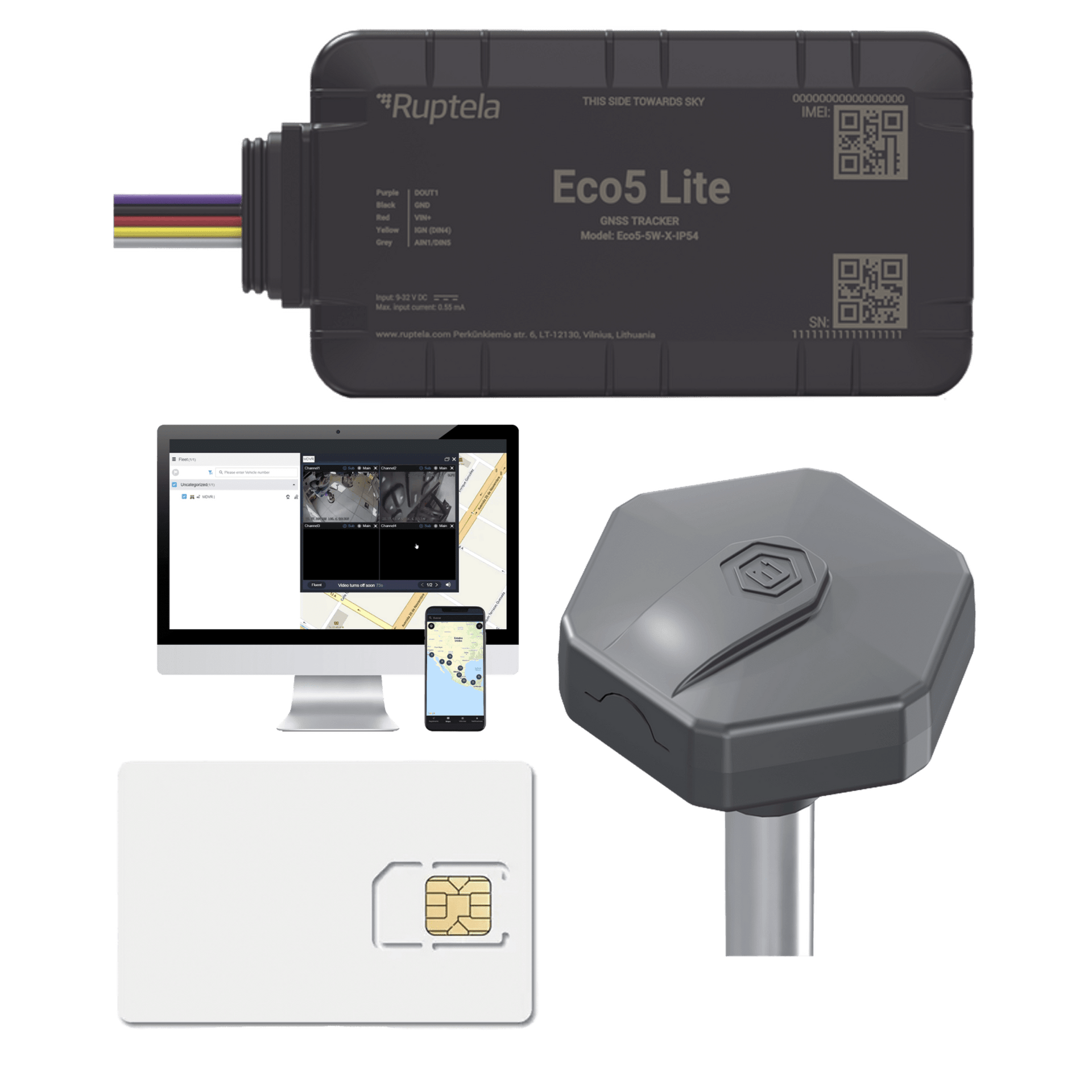 Rastreador Vehicular y Monitoreo de Flota / BLE 5.0 y GNSS / LTE CAT1 y LTE-M con Respaldo 2G / GNSS U-blox / MiKado IP54 / -20 Â°C a +40 Â°C / AcelerÃ³metro de 3 Ejes / Suministro 9-32 V / BaterÃ­a Interna